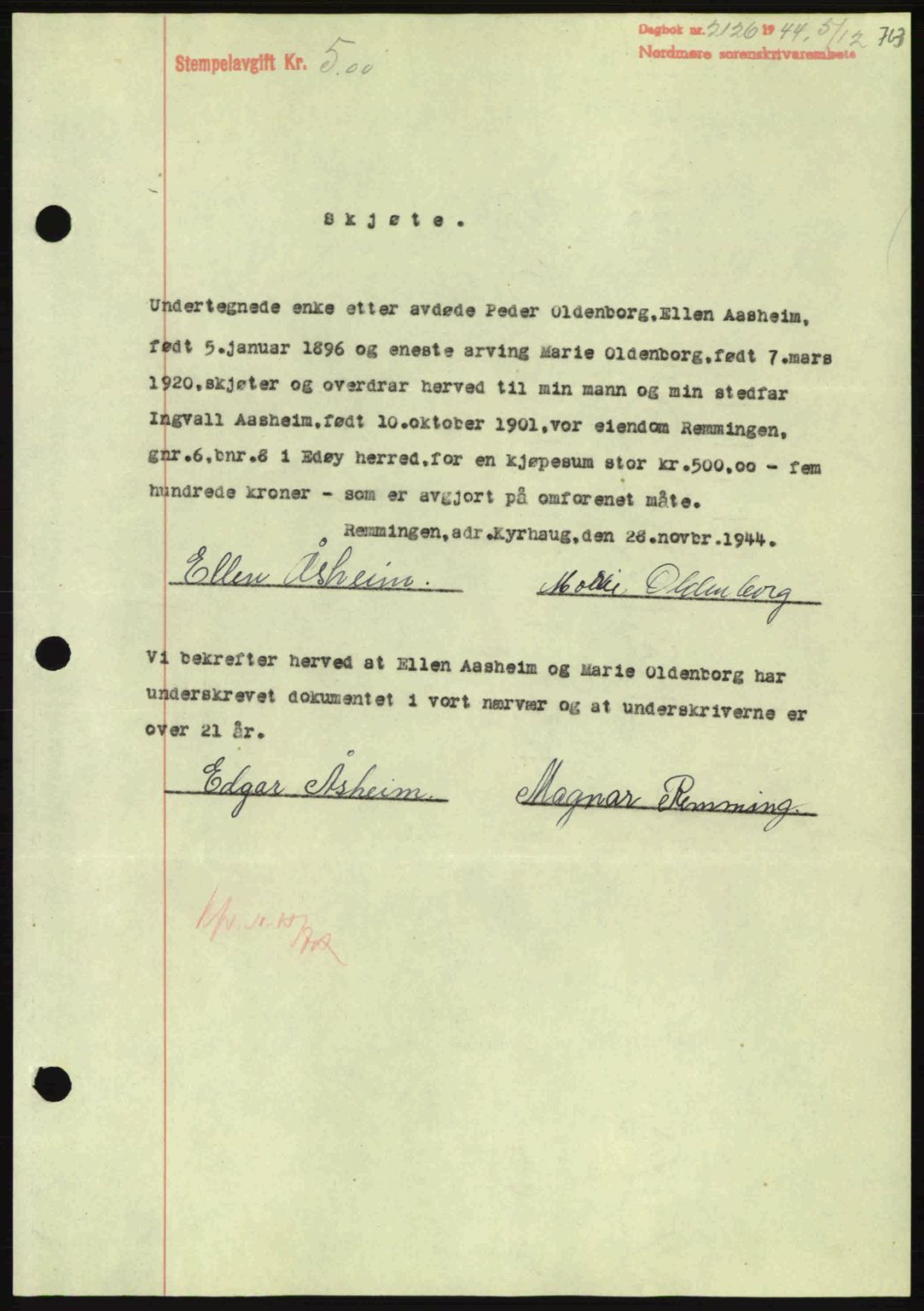 Nordmøre sorenskriveri, SAT/A-4132/1/2/2Ca: Pantebok nr. A98, 1944-1944, Dagboknr: 2126/1944