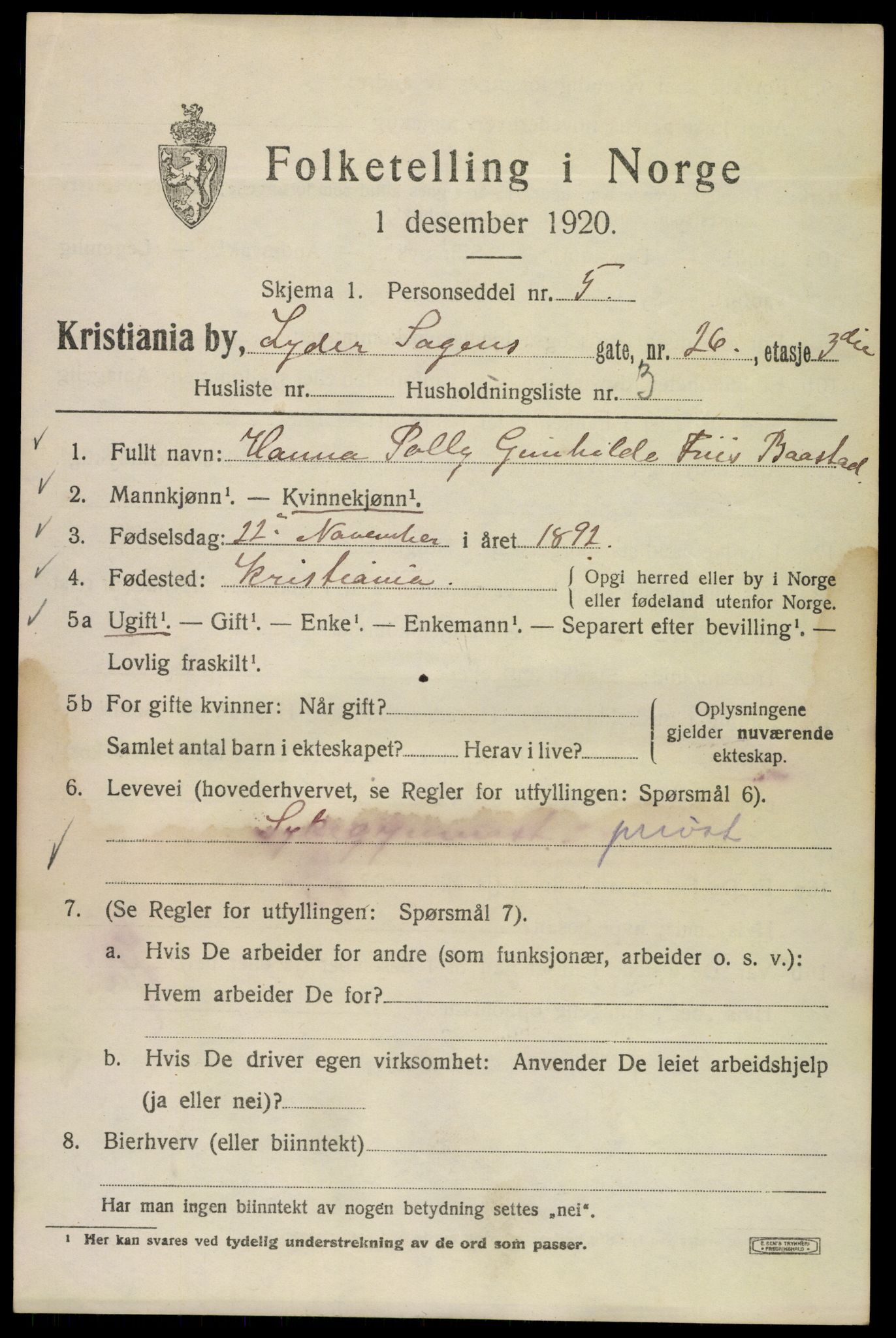 SAO, Folketelling 1920 for 0301 Kristiania kjøpstad, 1920, s. 366907