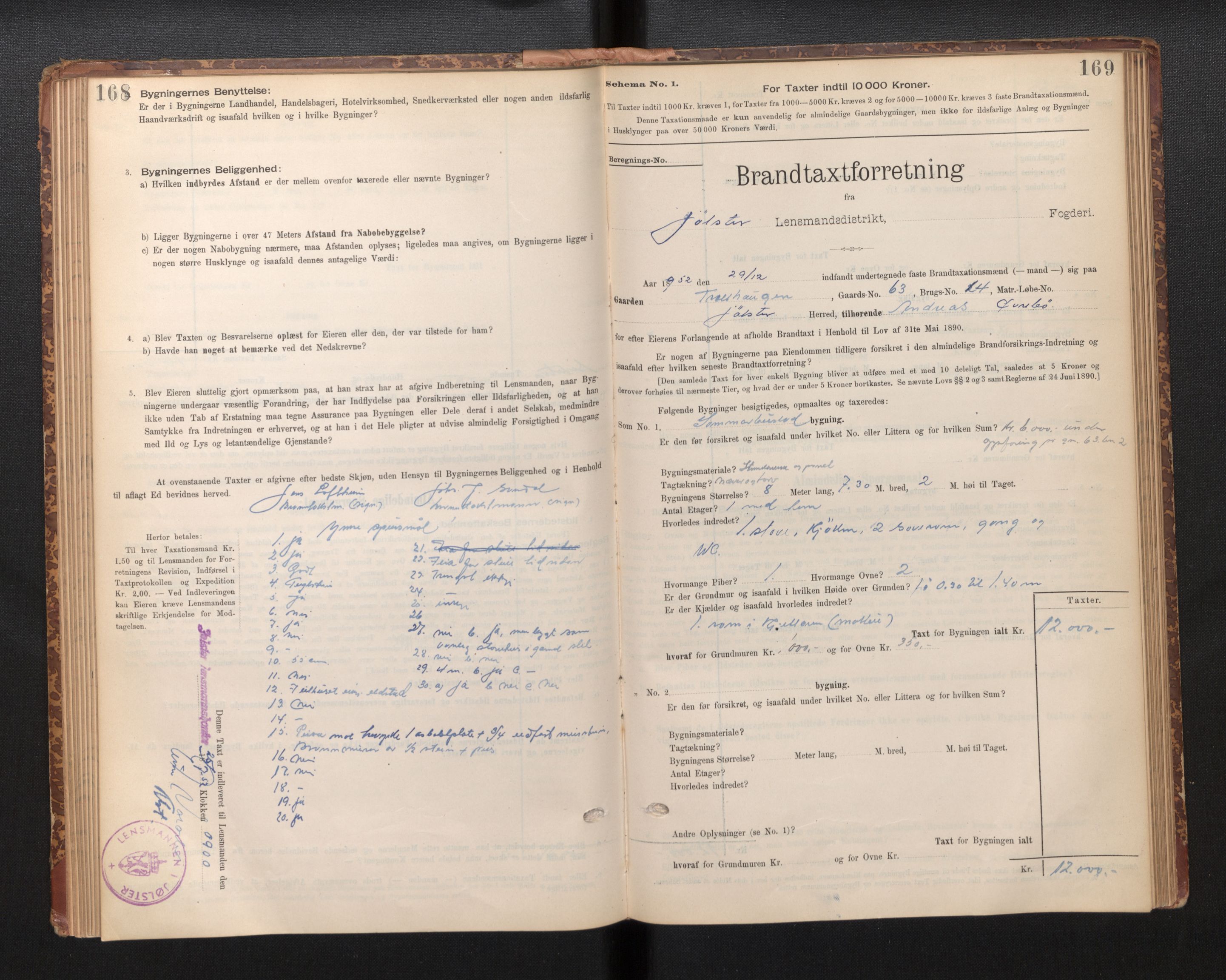 Lensmannen i Jølster, SAB/A-28701/0012/L0004: Branntakstprotokoll, skjematakst, 1895-1923, s. 168-169