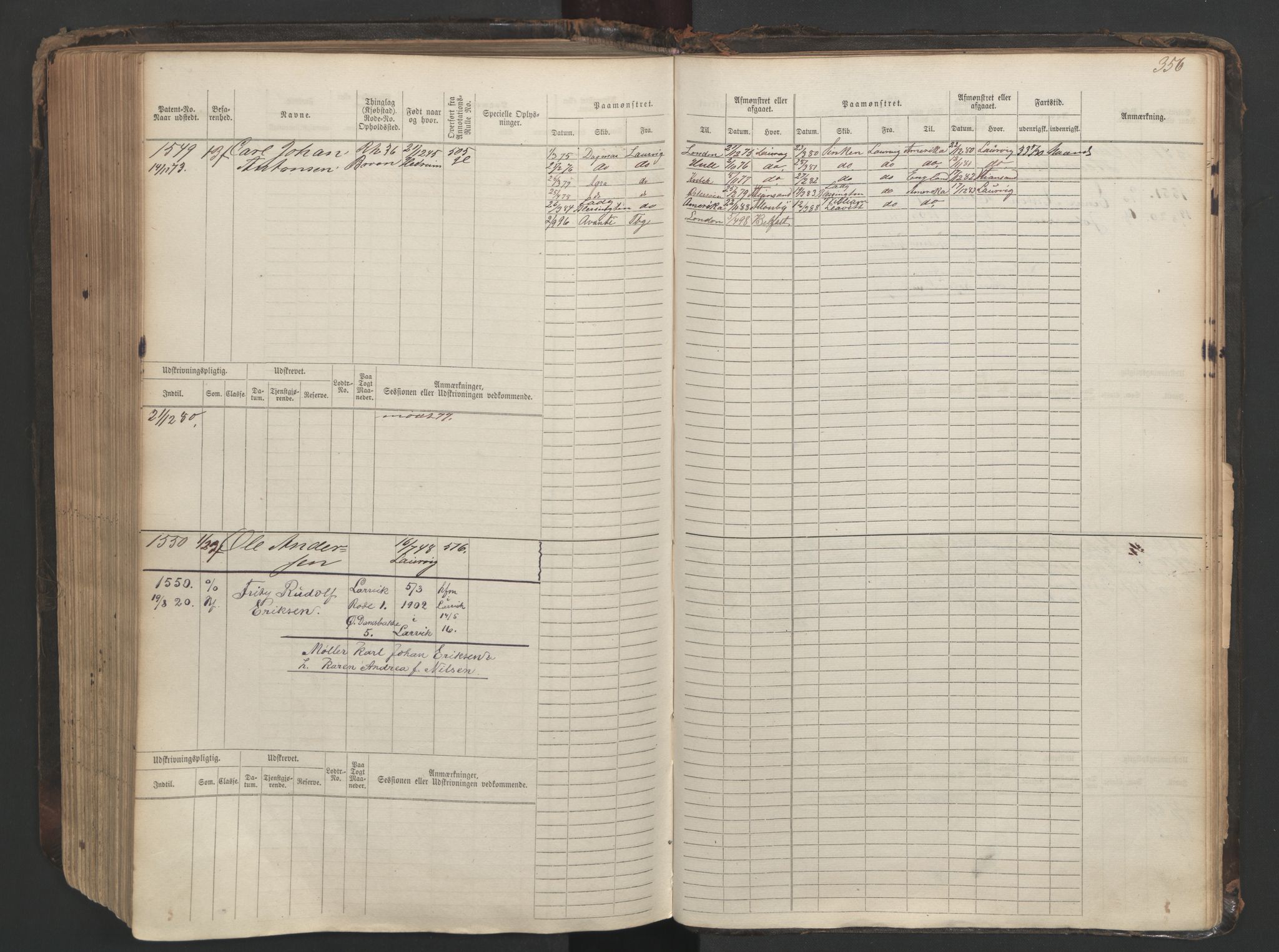 Larvik innrulleringskontor, AV/SAKO-A-787/F/Fc/L0003: Hovedrulle, 1868, s. 356