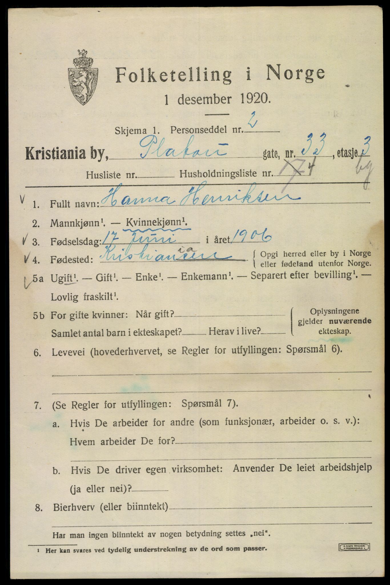 SAO, Folketelling 1920 for 0301 Kristiania kjøpstad, 1920, s. 456223