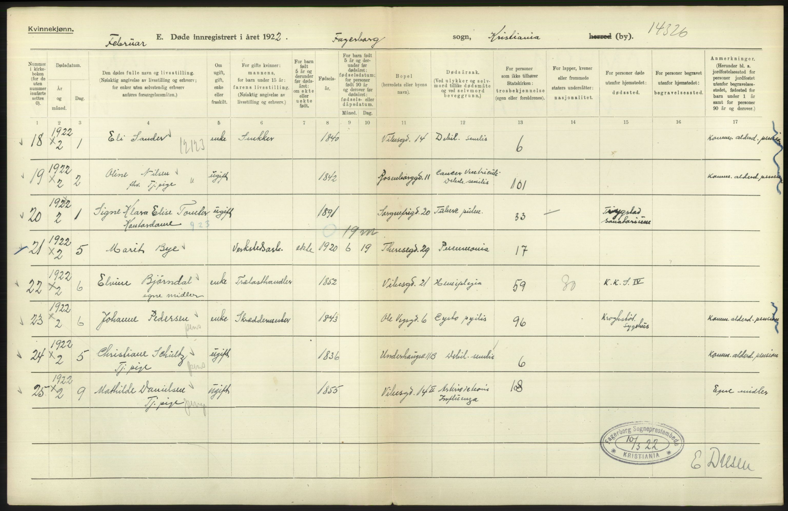 Statistisk sentralbyrå, Sosiodemografiske emner, Befolkning, AV/RA-S-2228/D/Df/Dfc/Dfcb/L0009: Kristiania: Døde, 1922, s. 332