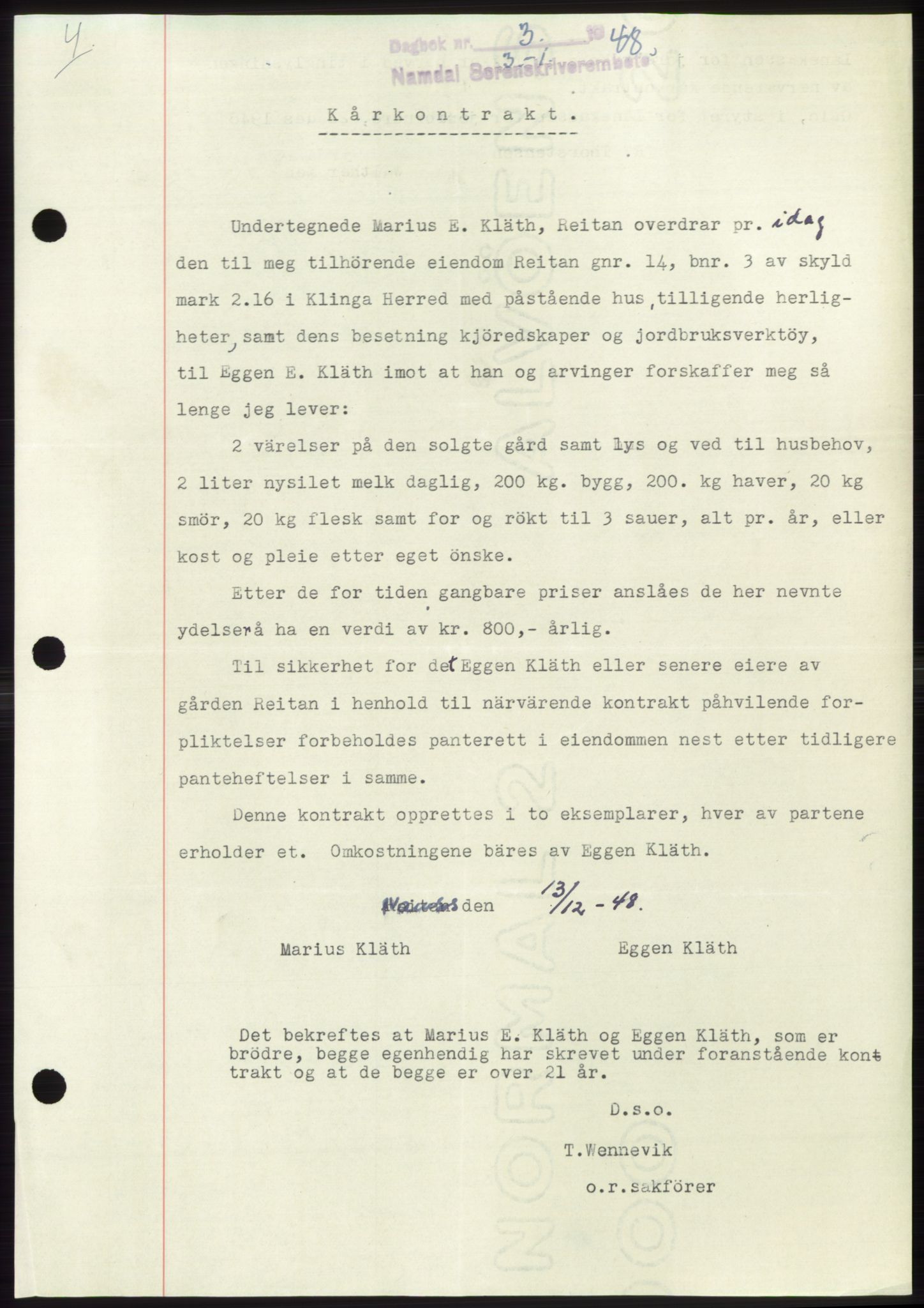 Namdal sorenskriveri, SAT/A-4133/1/2/2C: Pantebok nr. -, 1947-1948, Dagboknr: 3/1948