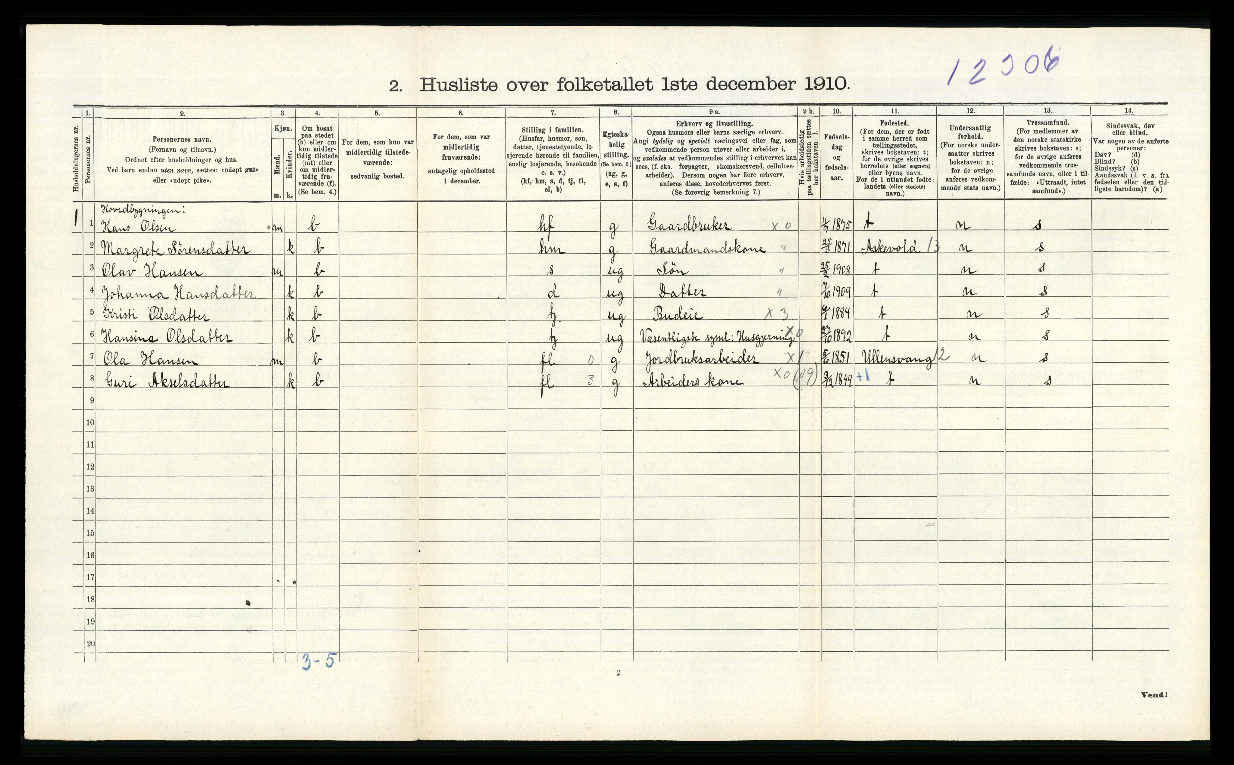 RA, Folketelling 1910 for 1236 Vossestrand herred, 1910, s. 338