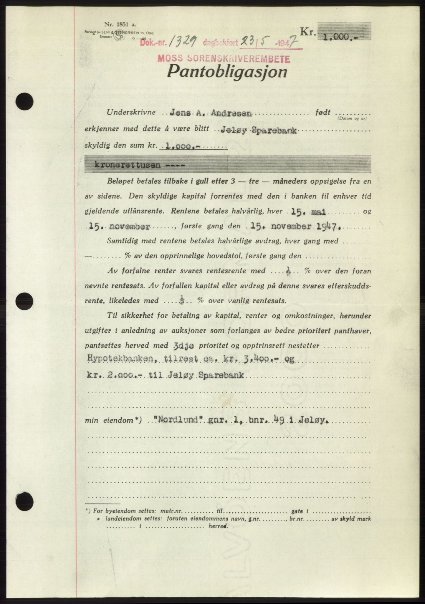 Moss sorenskriveri, SAO/A-10168: Pantebok nr. B17, 1947-1947, Dagboknr: 1329/1947