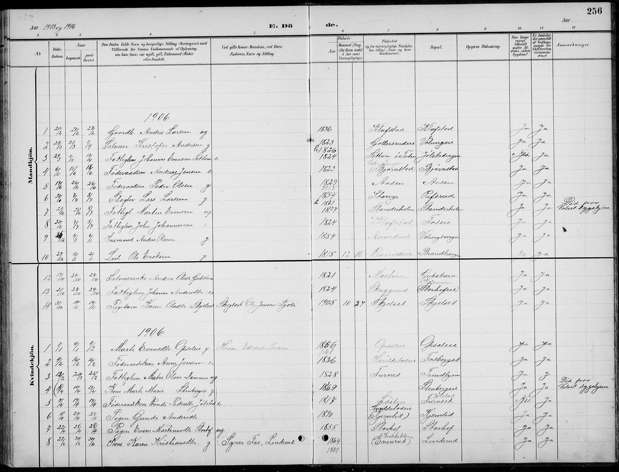 Romedal prestekontor, AV/SAH-PREST-004/L/L0013: Klokkerbok nr. 13, 1896-1937, s. 256