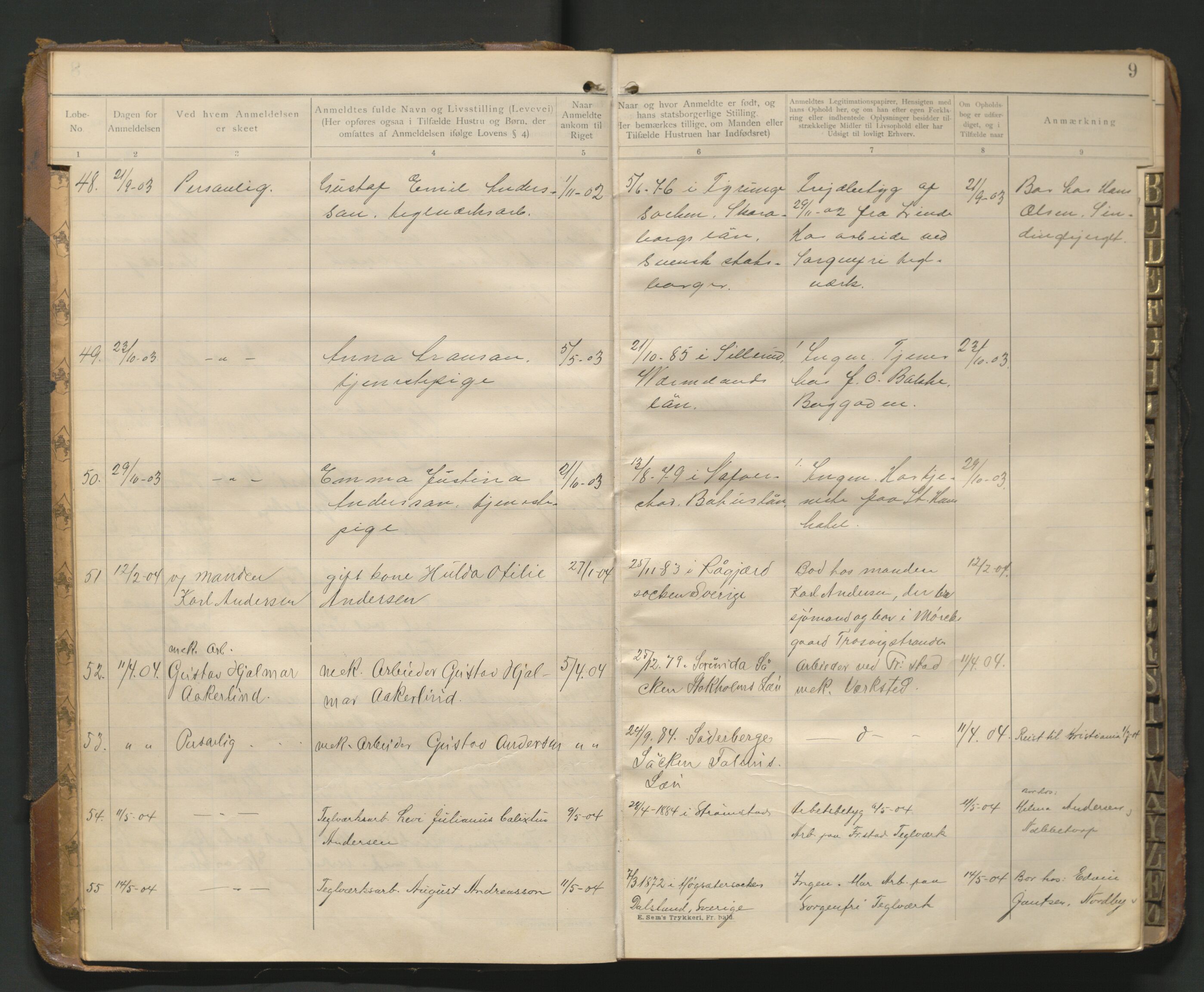 Fredrikstad politikammer, AV/SAO-A-10055/H/Hb/Hba/L0001: Protokoll over fremmede statsborgere, 1901-1916, s. 8b-9a