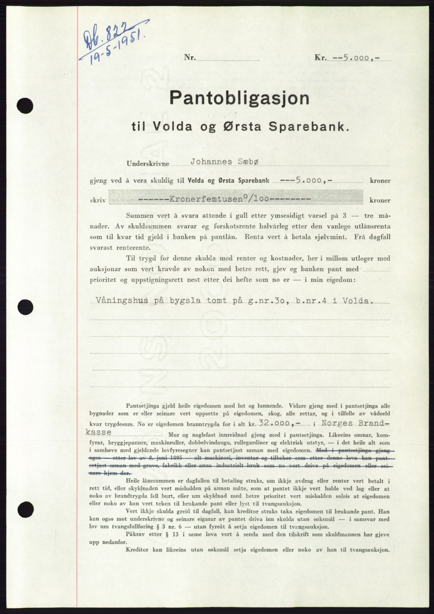 Søre Sunnmøre sorenskriveri, SAT/A-4122/1/2/2C/L0120: Pantebok nr. 8B, 1951-1951, Dagboknr: 822/1951