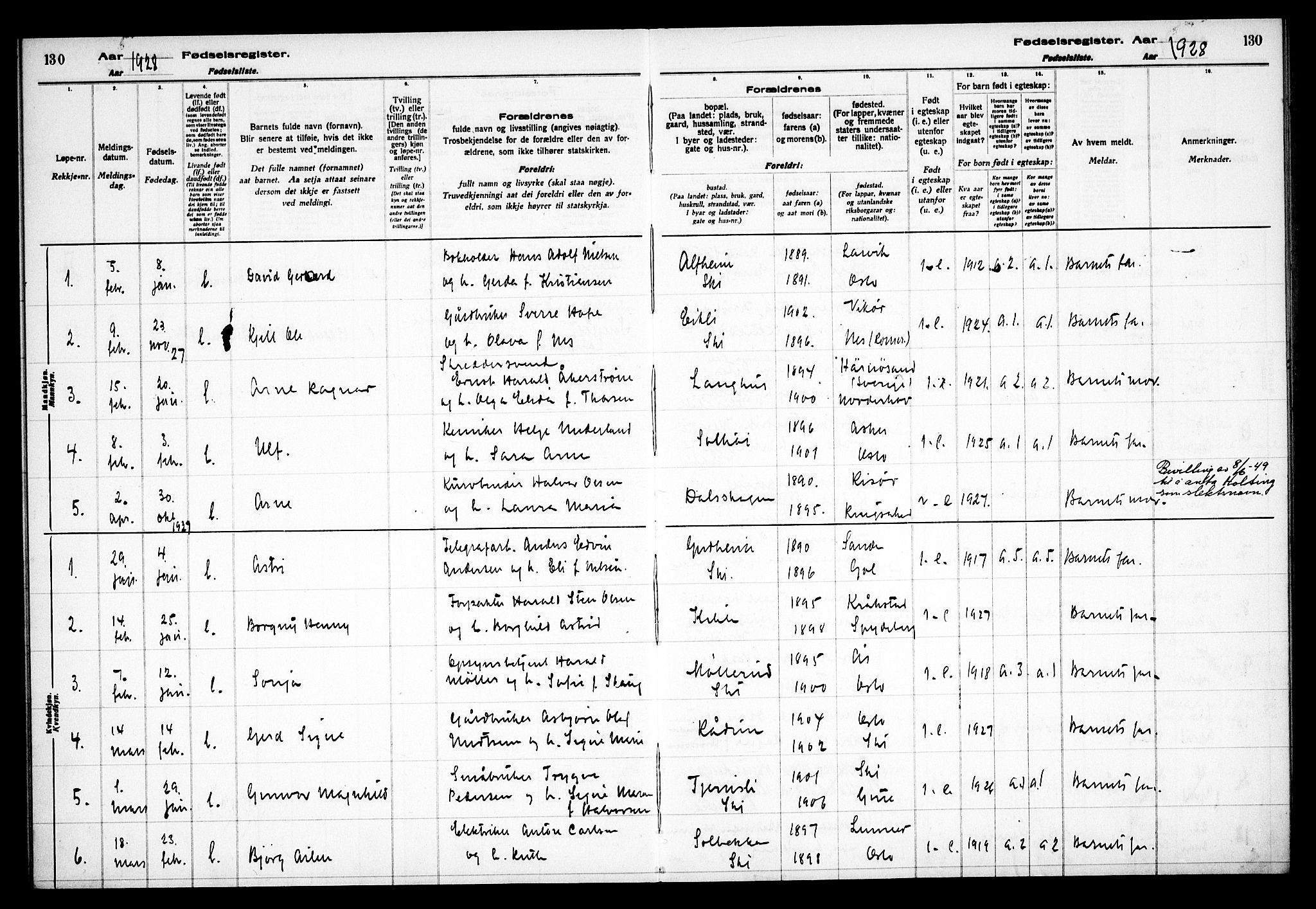 Kråkstad prestekontor Kirkebøker, AV/SAO-A-10125a/J/Jb/L0001: Fødselsregister nr. II 1, 1916-1936, s. 130