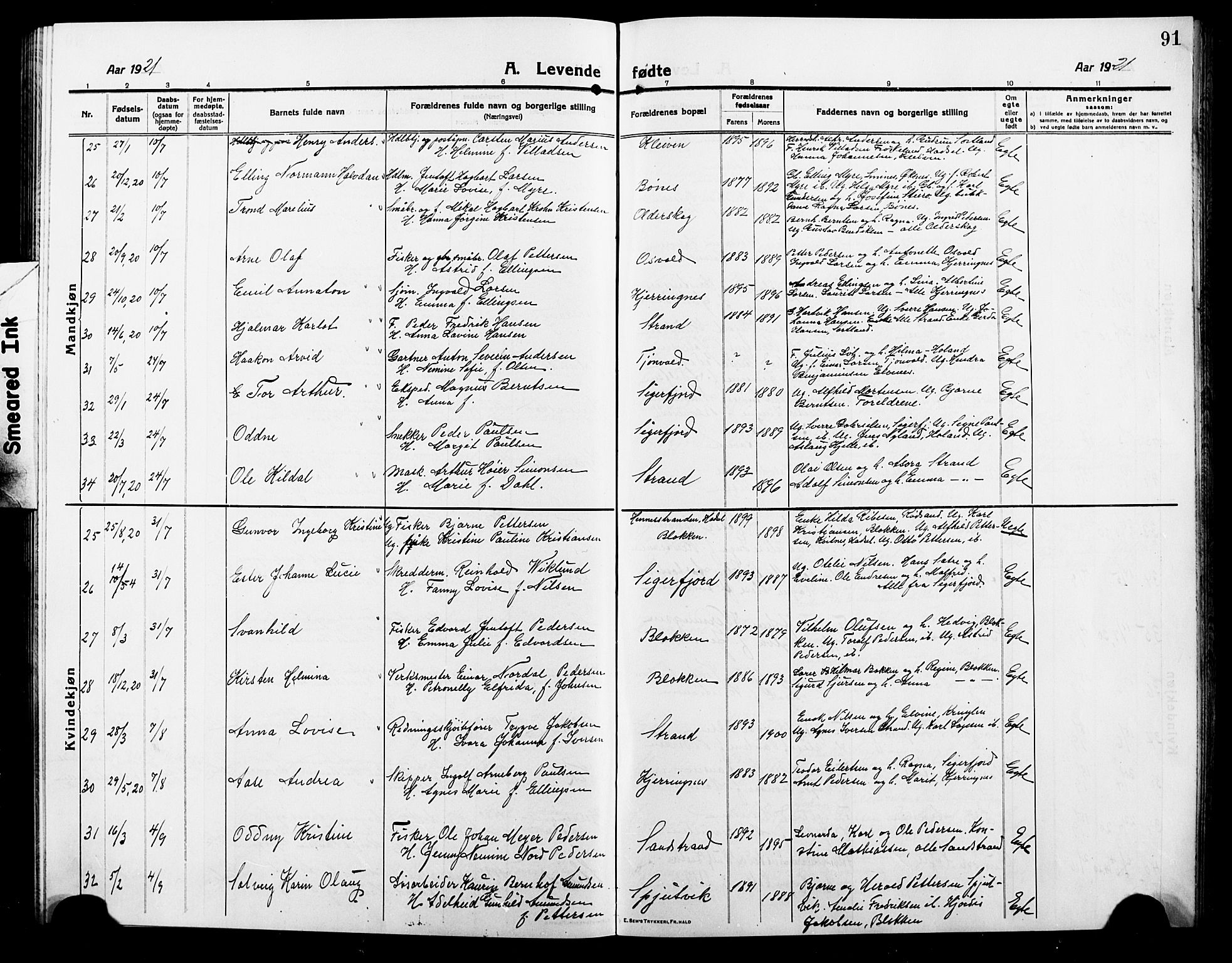 Ministerialprotokoller, klokkerbøker og fødselsregistre - Nordland, AV/SAT-A-1459/895/L1383: Klokkerbok nr. 895C05, 1913-1922, s. 91