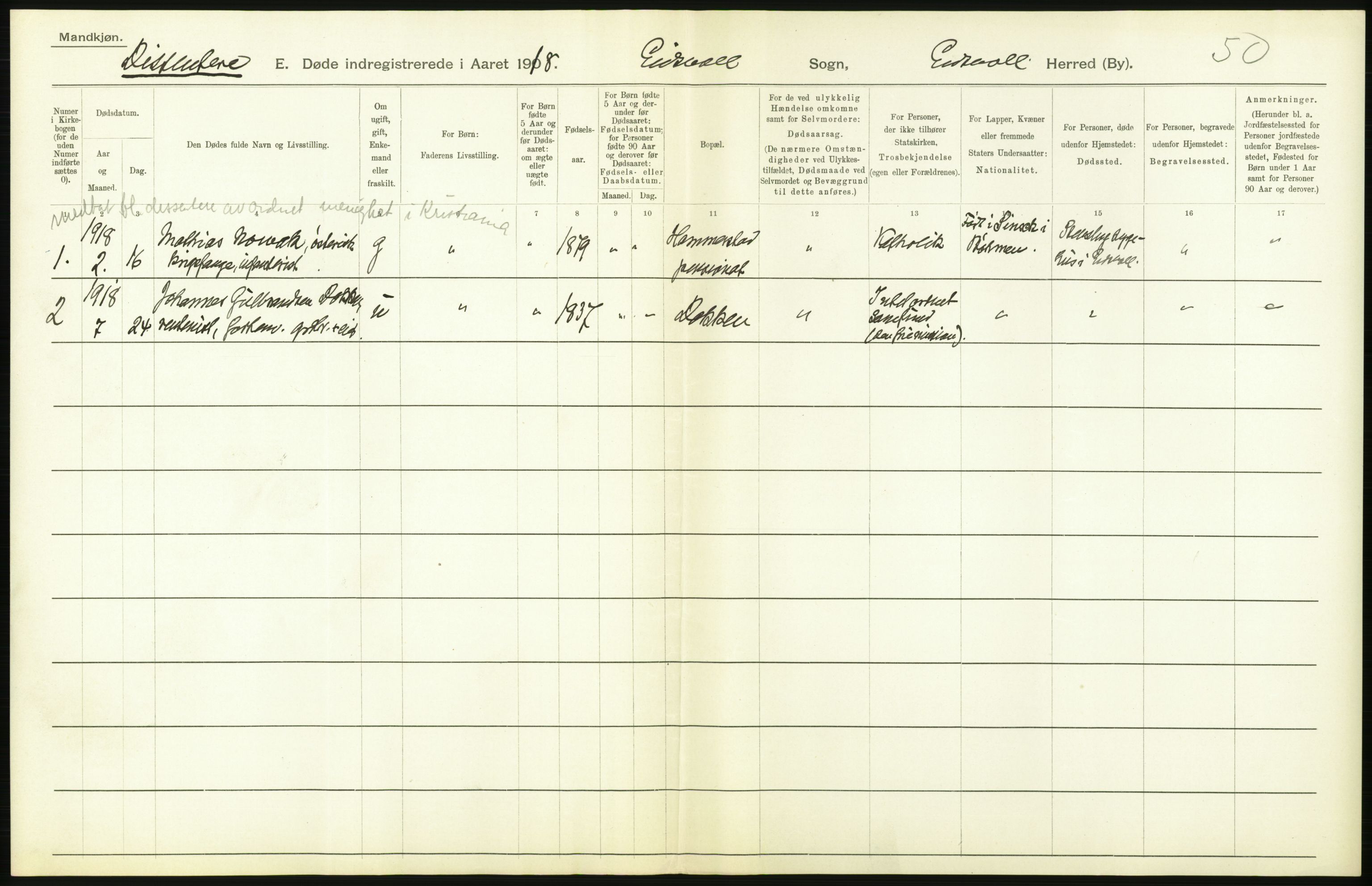 Statistisk sentralbyrå, Sosiodemografiske emner, Befolkning, AV/RA-S-2228/D/Df/Dfb/Dfbh/L0006: Akershus fylke: Døde. Bygder og byer., 1918, s. 254