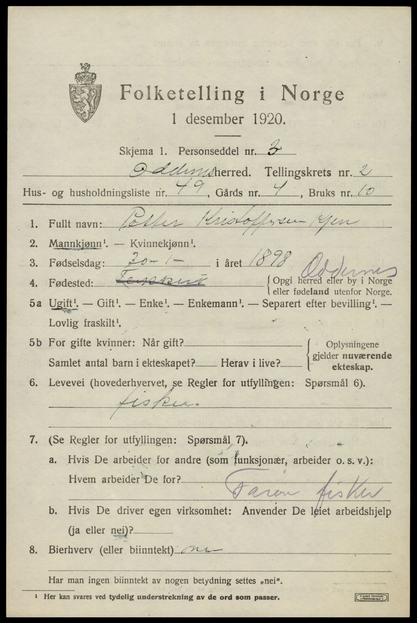 SAK, Folketelling 1920 for 1012 Oddernes herred, 1920, s. 3329