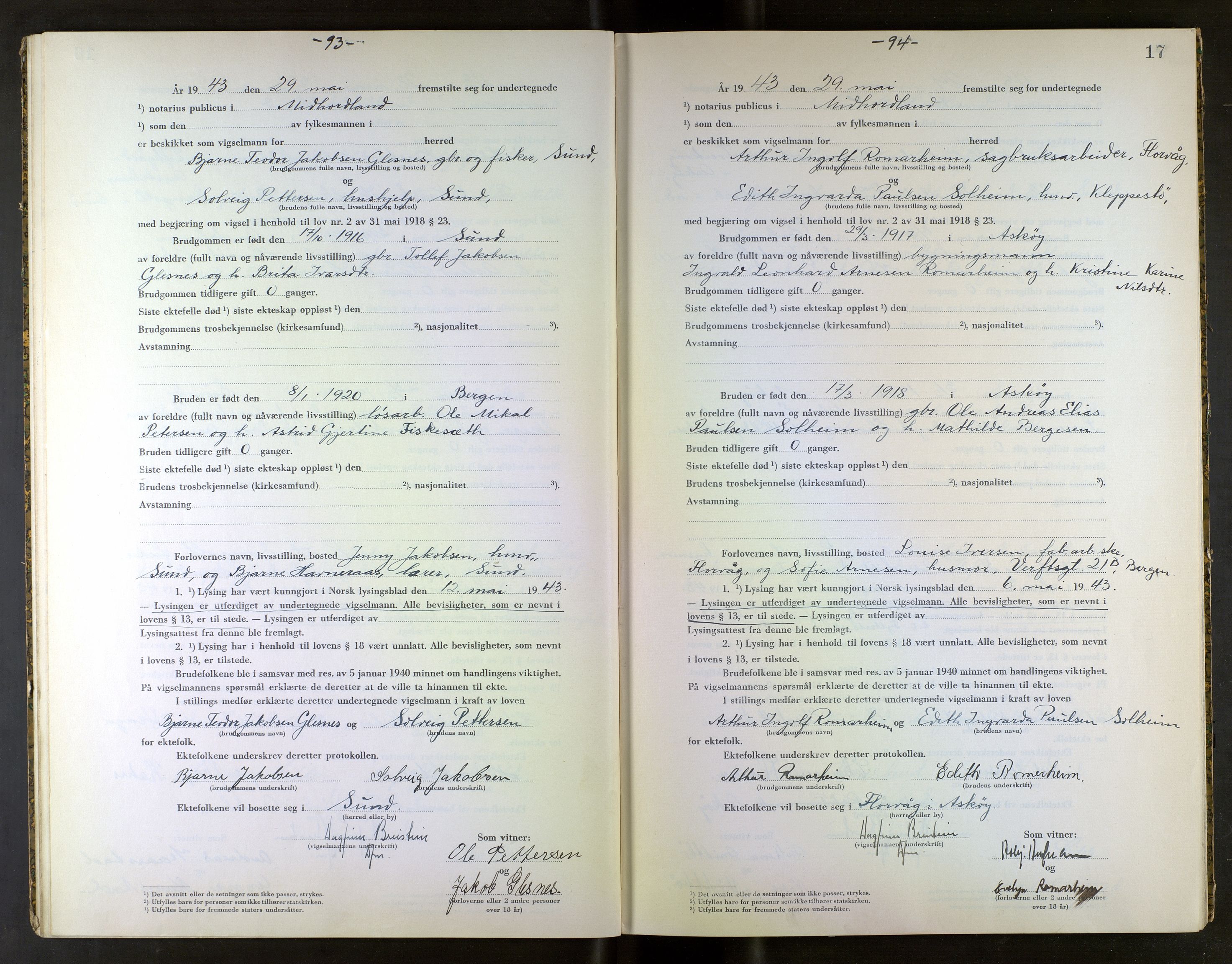 Midhordland sorenskriveri, AV/SAB-A-3001/1/M/Mc/Mca/L0004: Notarialbilag. Vigselbøker, 1943, s. 17