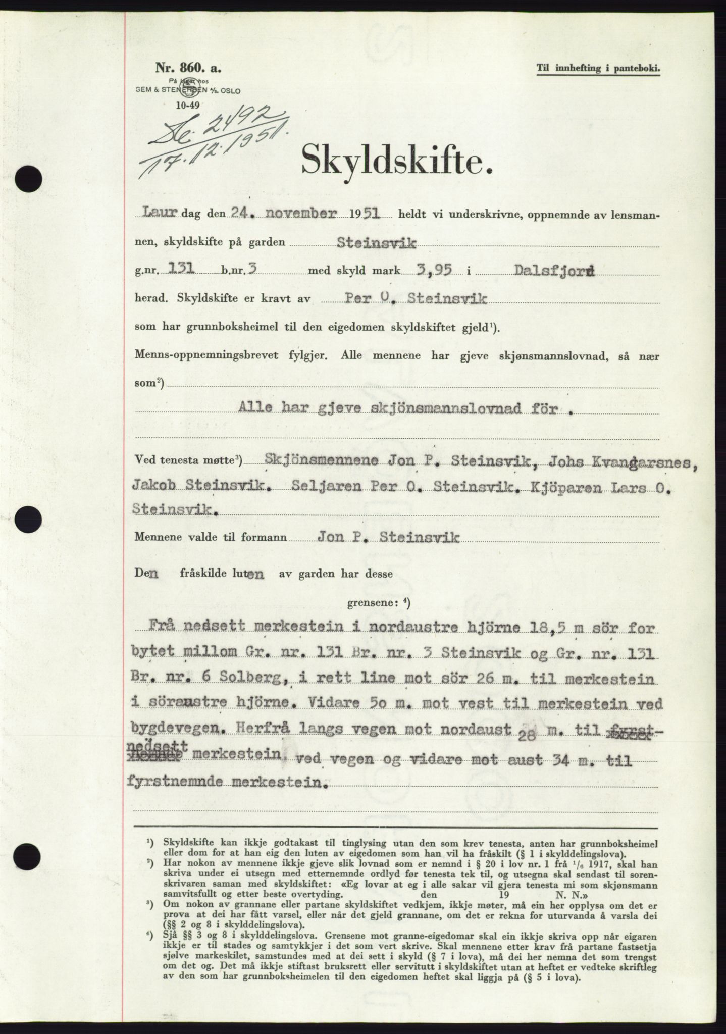 Søre Sunnmøre sorenskriveri, AV/SAT-A-4122/1/2/2C/L0090: Pantebok nr. 16A, 1951-1951, Dagboknr: 2492/1951