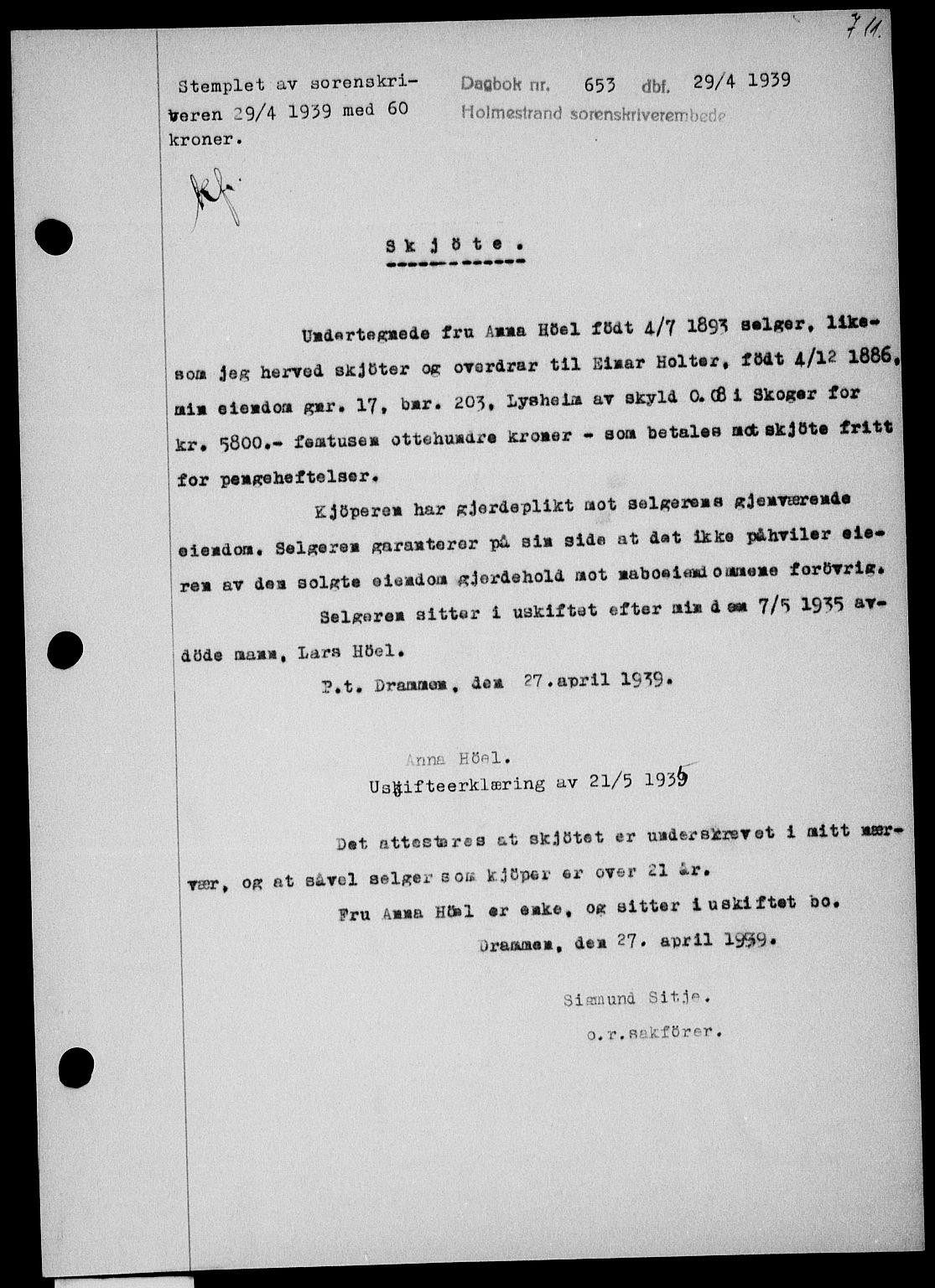 Holmestrand sorenskriveri, SAKO/A-67/G/Ga/Gaa/L0050: Pantebok nr. A-50, 1938-1939, Dagboknr: 653/1939