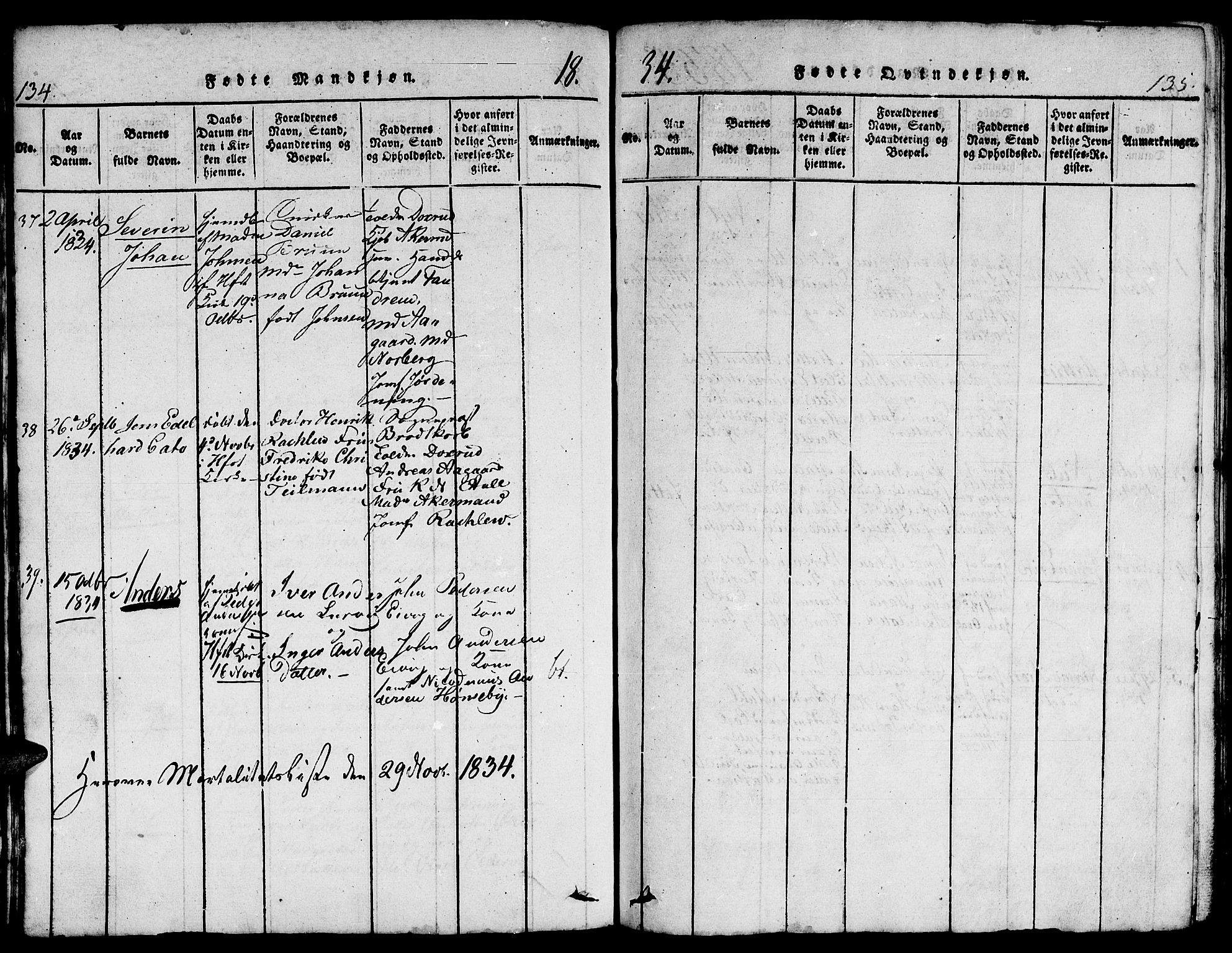 Hammerfest sokneprestkontor, AV/SATØ-S-1347/H/Hb/L0001.klokk: Klokkerbok nr. 1, 1822-1850, s. 134-135