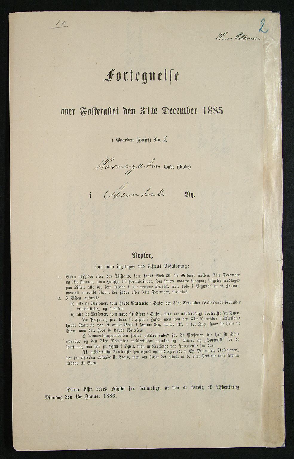 SAK, Folketelling 1885 for 0903 Arendal kjøpstad, 1885, s. 2