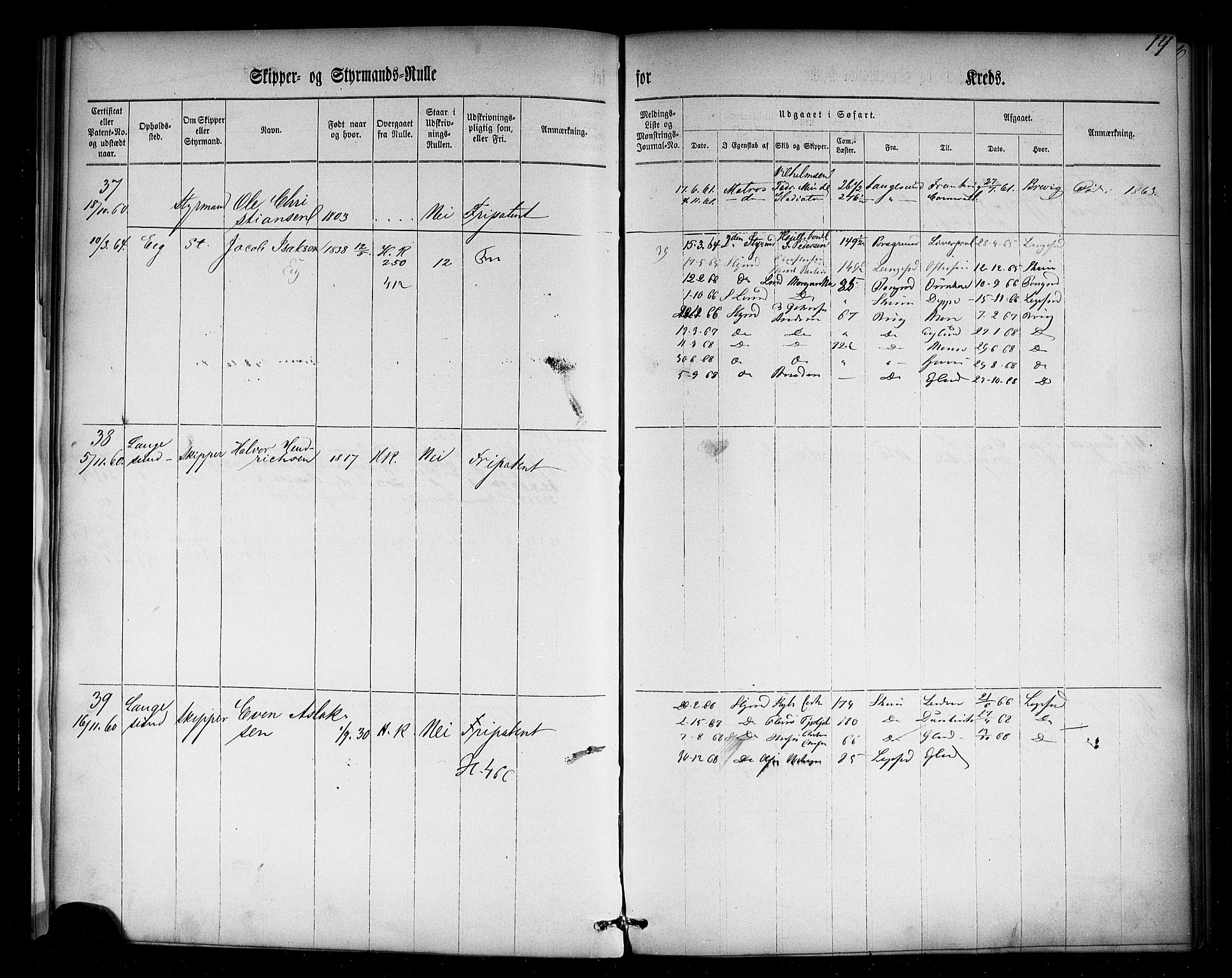 Langesund innrulleringskontor, AV/SAKO-A-831/F/Fd/L0001: Skipper- og styrmannsrulle, 1860-1867, s. 42