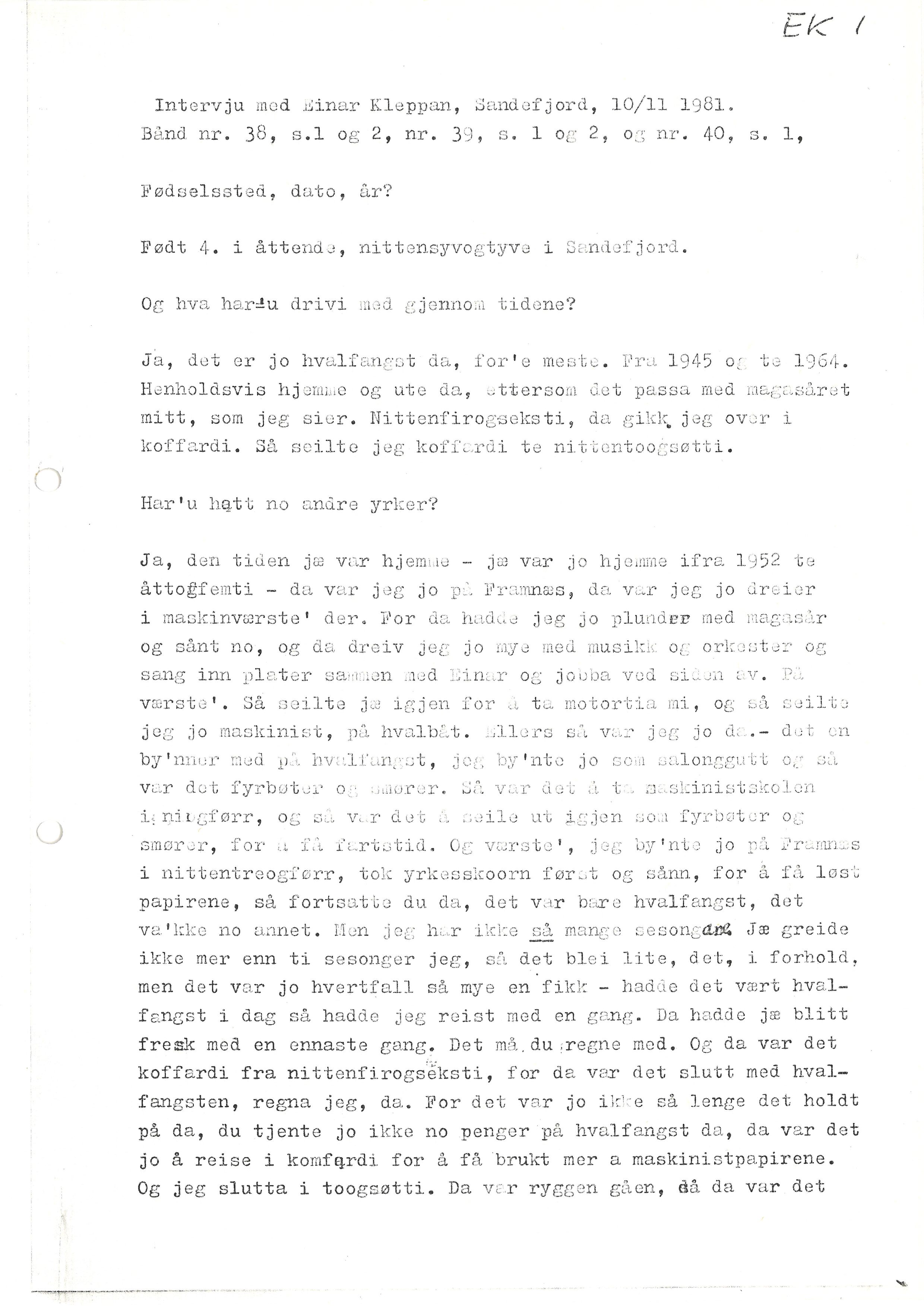 Sa 16 - Folkemusikk fra Vestfold, Gjerdesamlingen, VEMU/A-1868/I/L0001: Informantregister med intervjunedtegnelser, 1979-1986