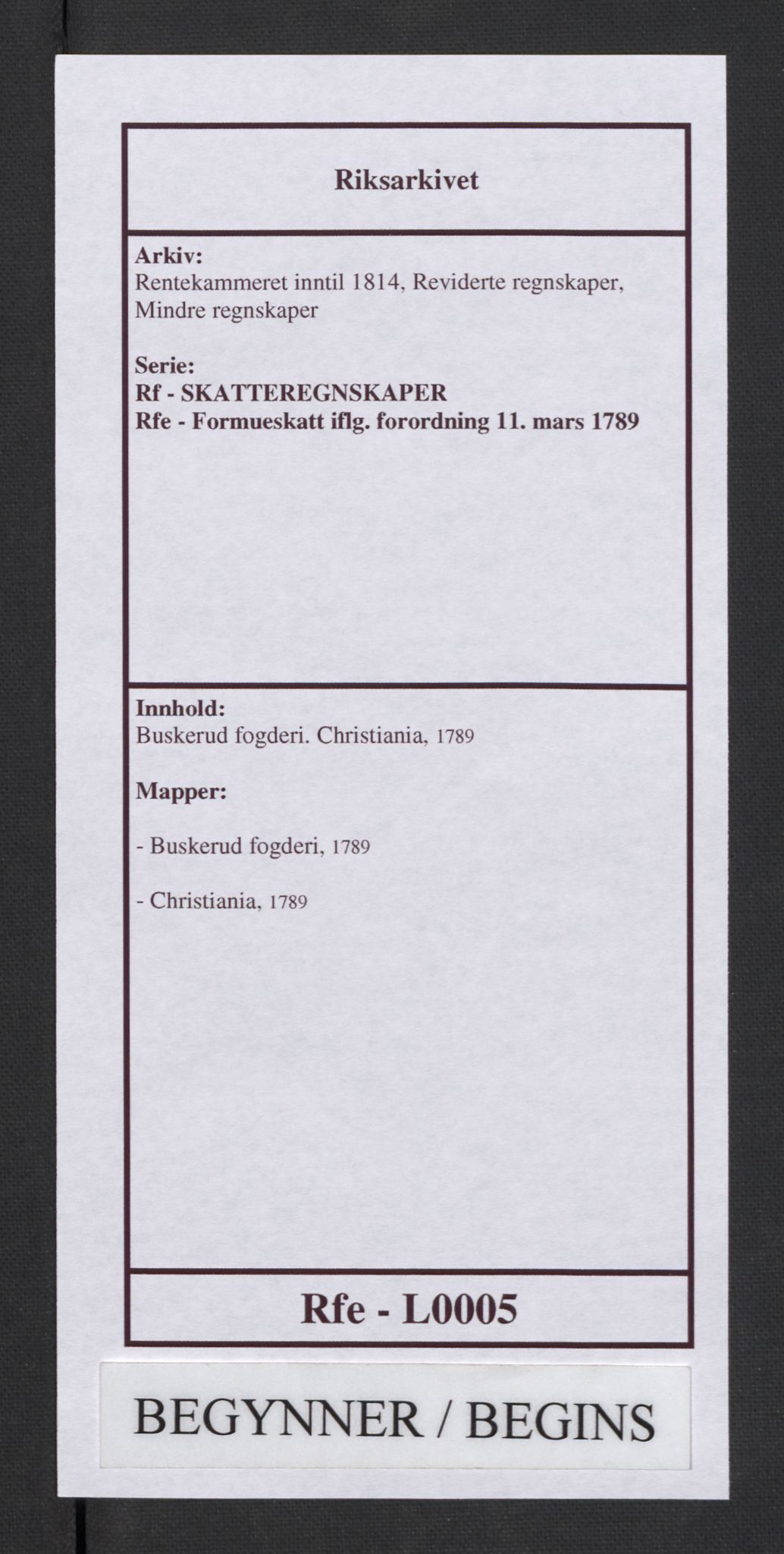 Rentekammeret inntil 1814, Reviderte regnskaper, Mindre regnskaper, RA/EA-4068/Rf/Rfe/L0005: Buskerud fogderi. Christiania, 1789, s. 1