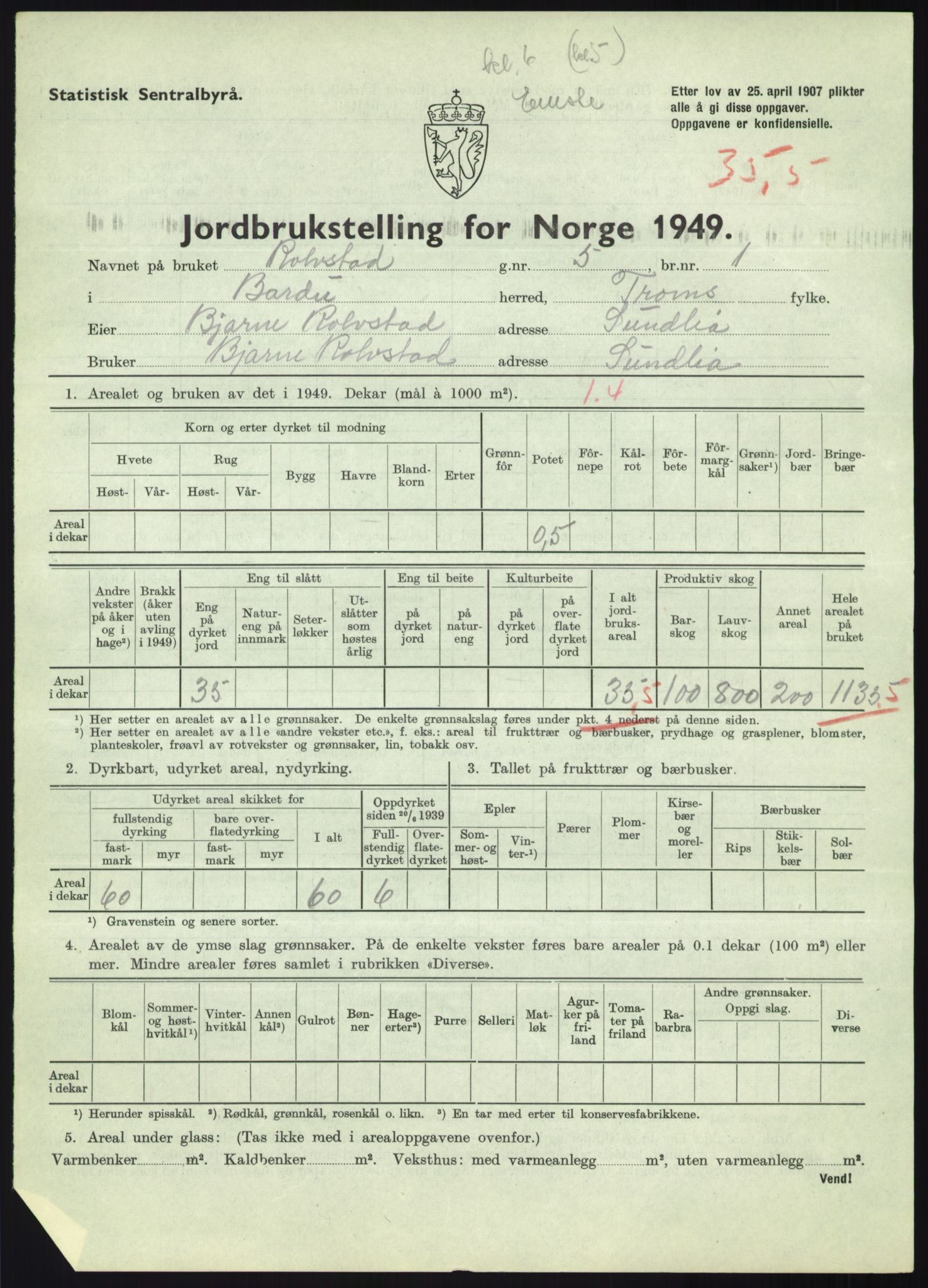 Statistisk sentralbyrå, Næringsøkonomiske emner, Jordbruk, skogbruk, jakt, fiske og fangst, AV/RA-S-2234/G/Gc/L0438: Troms: Salangen og Bardu, 1949, s. 1161