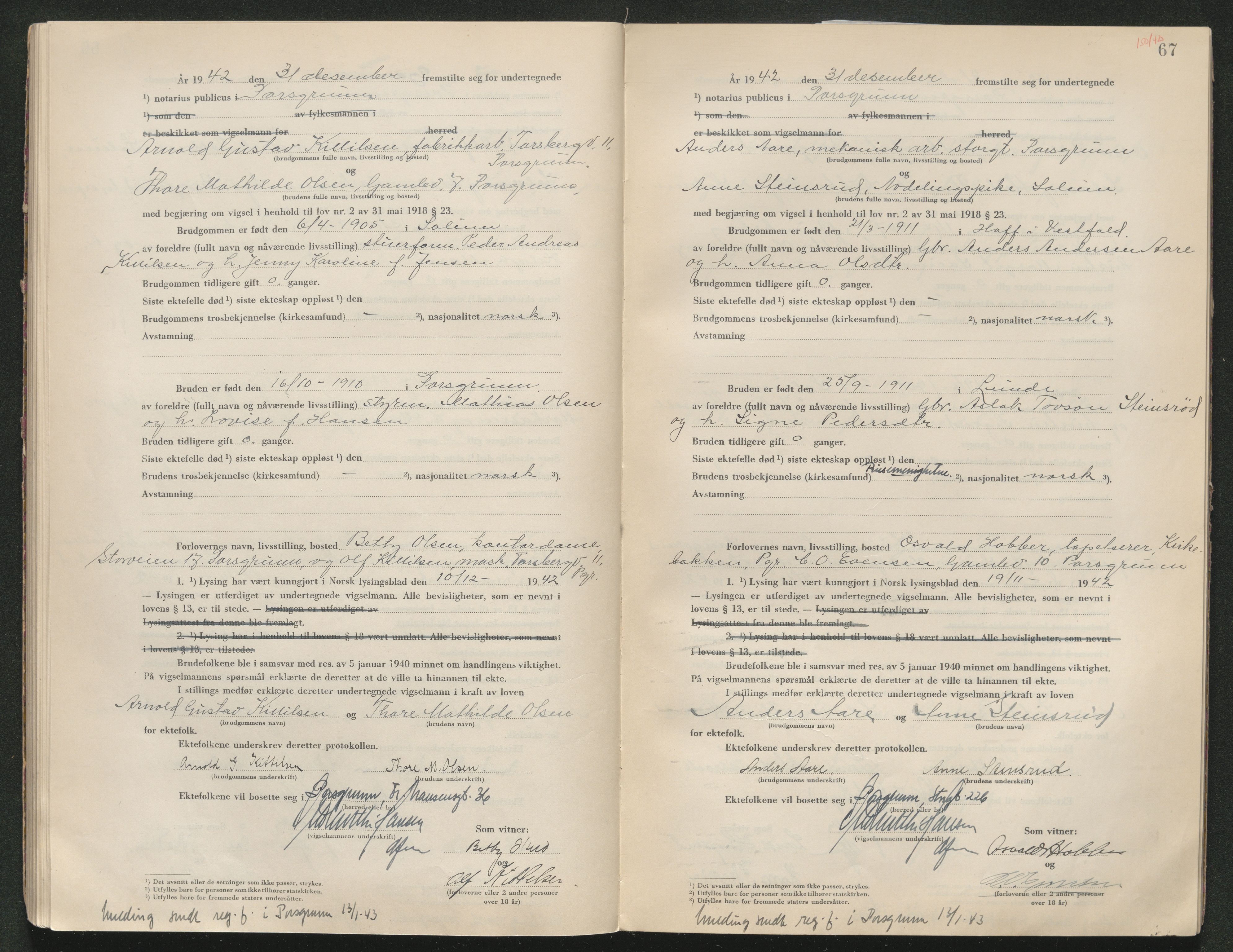 Gjerpen sorenskriveri, SAKO/A-216/L/Lb/L0001: Vigselsprotokoll, 1920-1948, s. 67