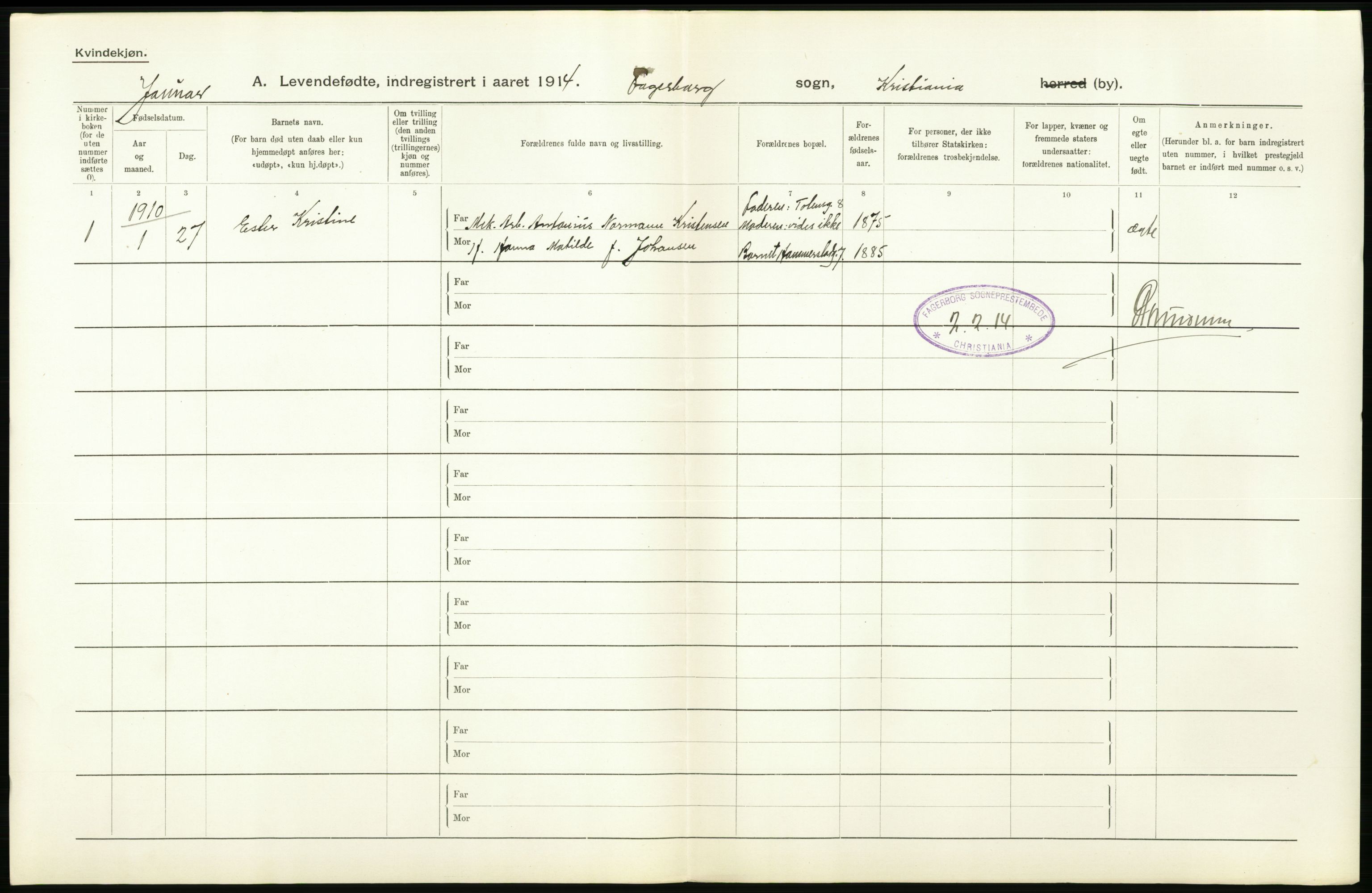 Statistisk sentralbyrå, Sosiodemografiske emner, Befolkning, AV/RA-S-2228/D/Df/Dfb/Dfbd/L0006: Kristiania: Levendefødte menn og kvinner., 1914, s. 150