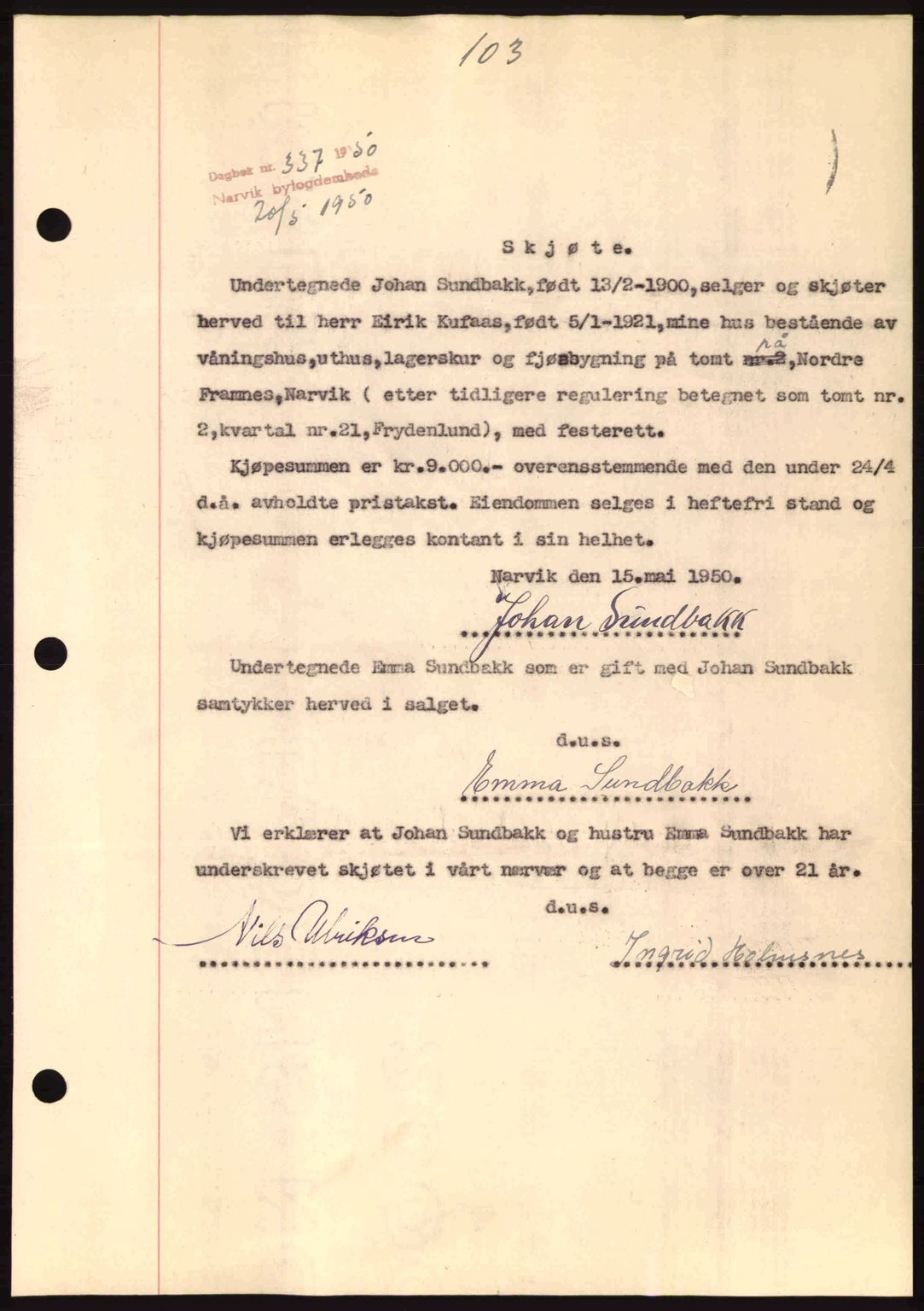 Narvik sorenskriveri, SAT/A-0002/1/2/2C/2Ca: Pantebok nr. A26, 1950-1950, Dagboknr: 337/1950