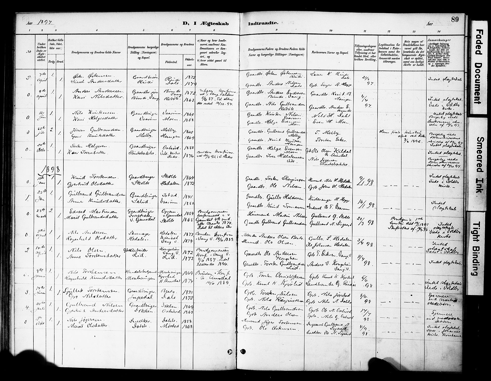 Øystre Slidre prestekontor, AV/SAH-PREST-138/H/Ha/Haa/L0004: Ministerialbok nr. 4, 1887-1910, s. 89