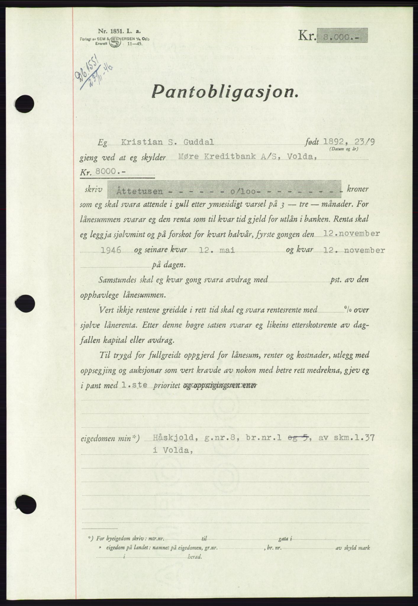 Søre Sunnmøre sorenskriveri, AV/SAT-A-4122/1/2/2C/L0114: Pantebok nr. 1-2B, 1943-1947, Dagboknr: 1551/1946
