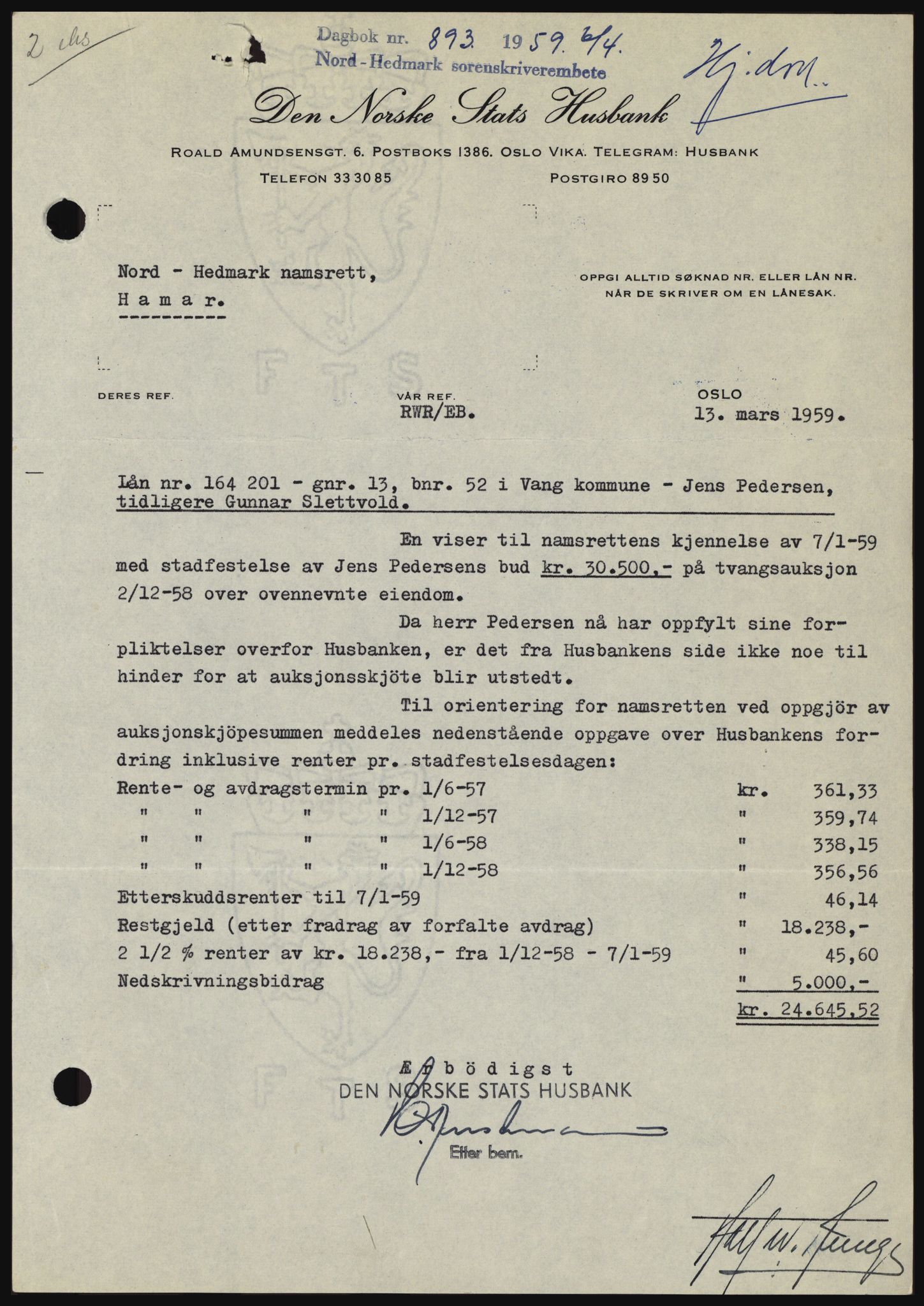 Nord-Hedmark sorenskriveri, SAH/TING-012/H/Hc/L0013: Pantebok nr. 13, 1959-1960, Dagboknr: 893/1959