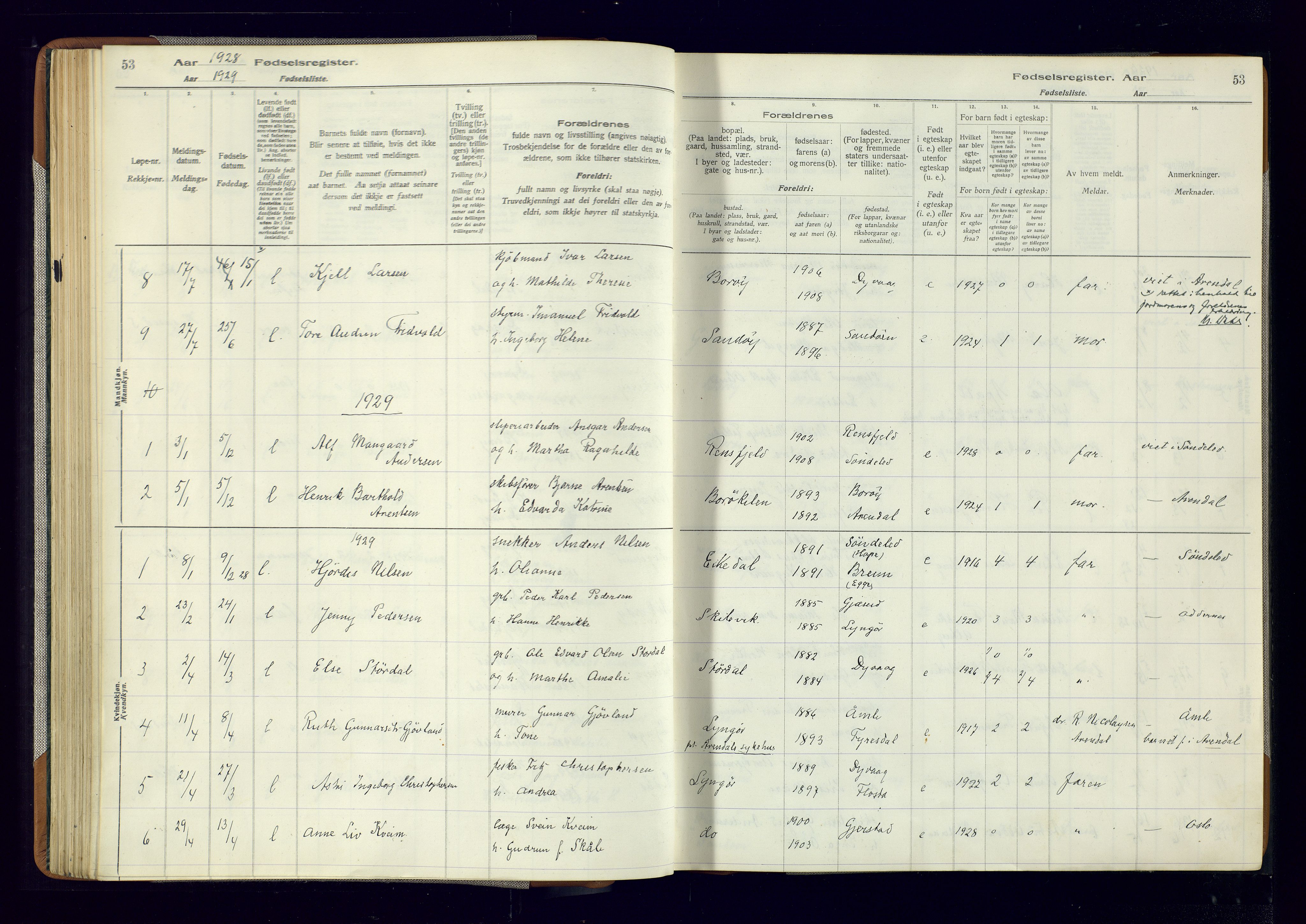 Dypvåg sokneprestkontor, AV/SAK-1111-0007/J/Ja/L0001: Fødselsregister nr. II.4.3, 1916-1975, s. 53