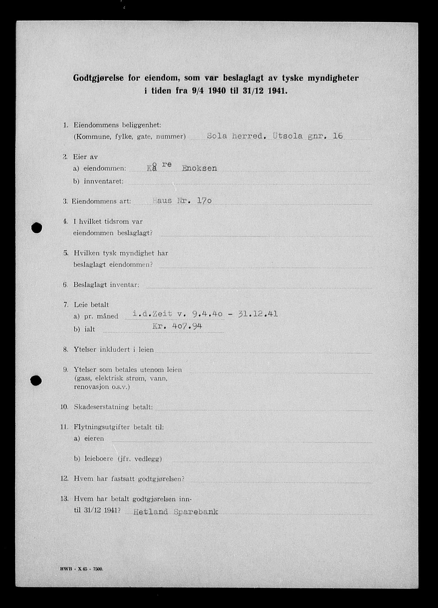 Justisdepartementet, Tilbakeføringskontoret for inndratte formuer, AV/RA-S-1564/I/L1014: Godtgjørelse for beslaglagt eiendom, 1940-1941, s. 242