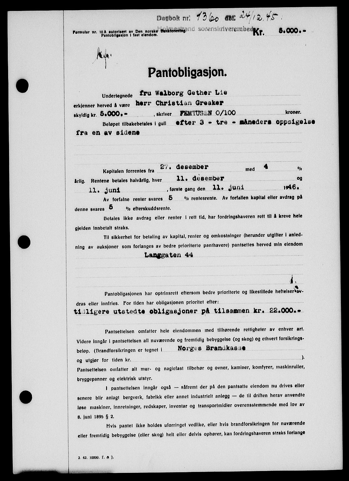Holmestrand sorenskriveri, SAKO/A-67/G/Ga/Gab/L0055: Pantebok nr. B-55, 1945-1946, Dagboknr: 1360/1945
