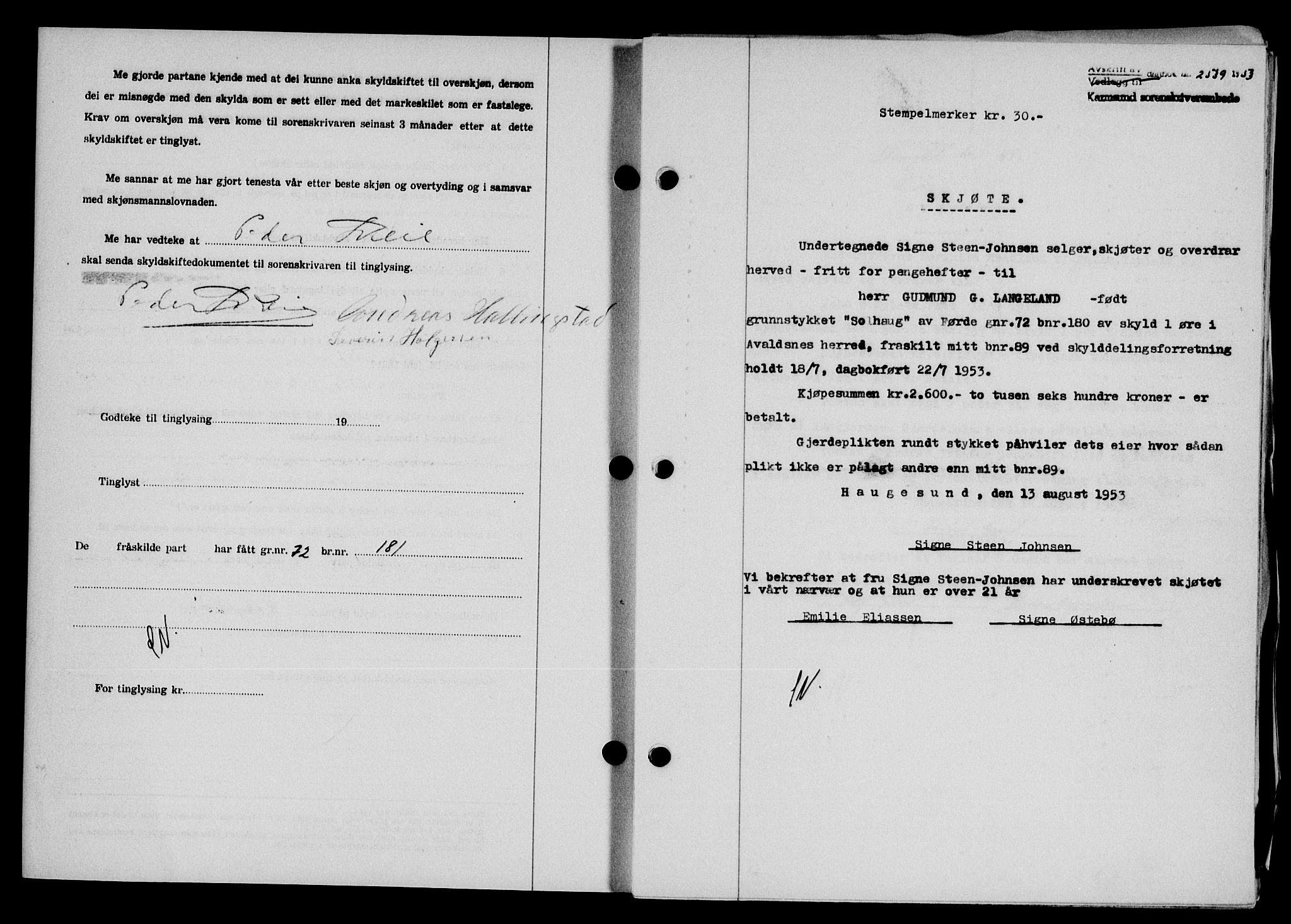 Karmsund sorenskriveri, SAST/A-100311/01/II/IIB/L0109: Pantebok nr. 89A, 1953-1953, Dagboknr: 2539/1953