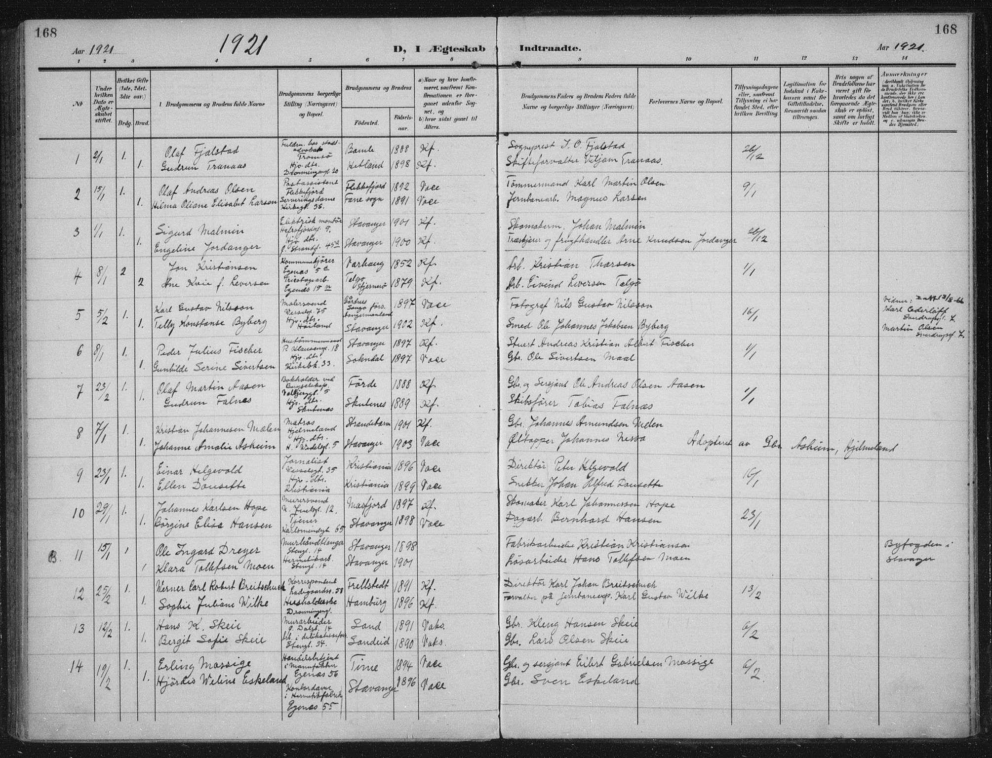 Domkirken sokneprestkontor, AV/SAST-A-101812/002/A/L0016: Ministerialbok nr. A 33, 1905-1922, s. 168