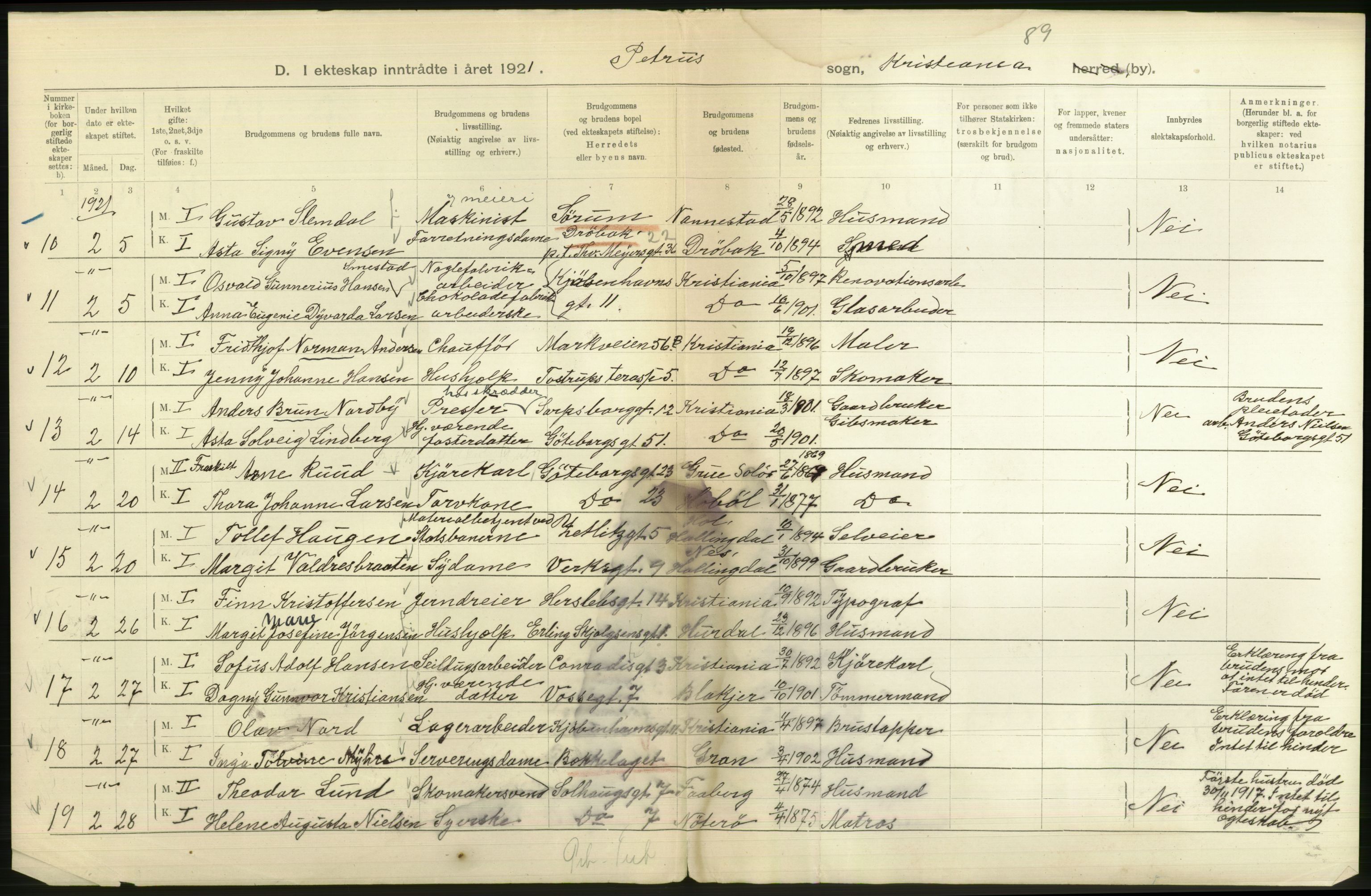 Statistisk sentralbyrå, Sosiodemografiske emner, Befolkning, AV/RA-S-2228/D/Df/Dfc/Dfca/L0011: Kristiania: Gifte, 1921, s. 440