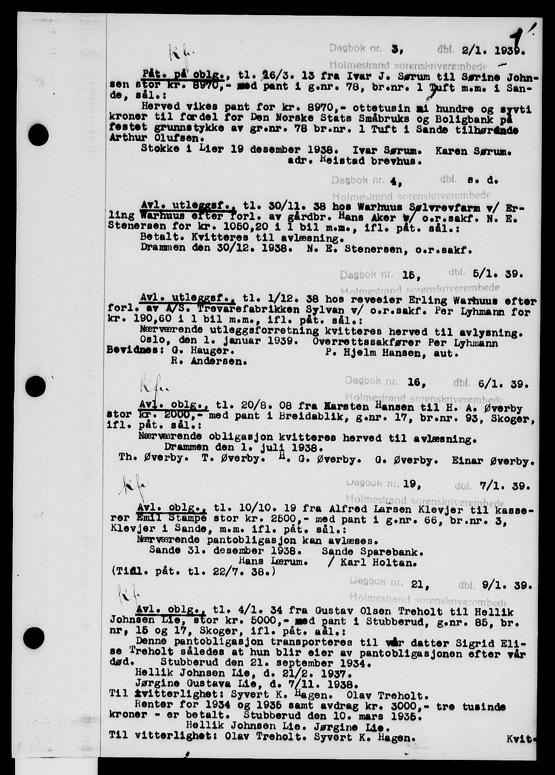 Holmestrand sorenskriveri, SAKO/A-67/G/Ga/Gab/L0050: Pantebok nr. B-50, 1939-1939, s. 1