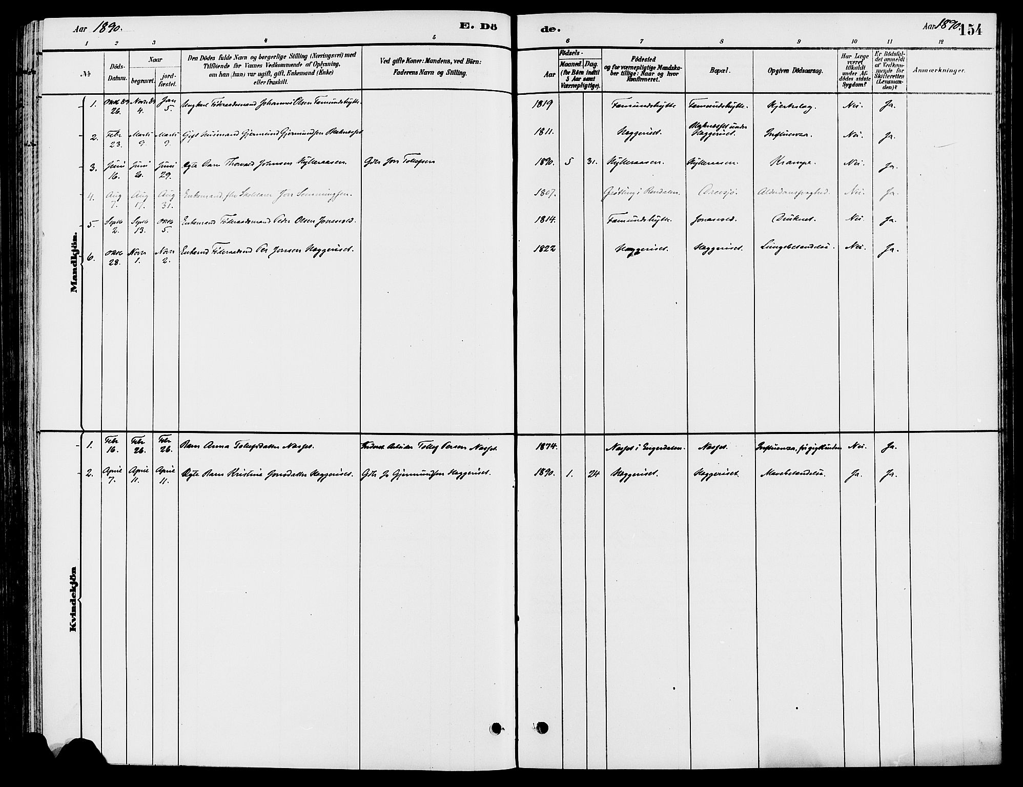 Engerdal prestekontor, AV/SAH-PREST-048/H/Ha/Haa/L0001: Ministerialbok nr. 1, 1881-1898, s. 154