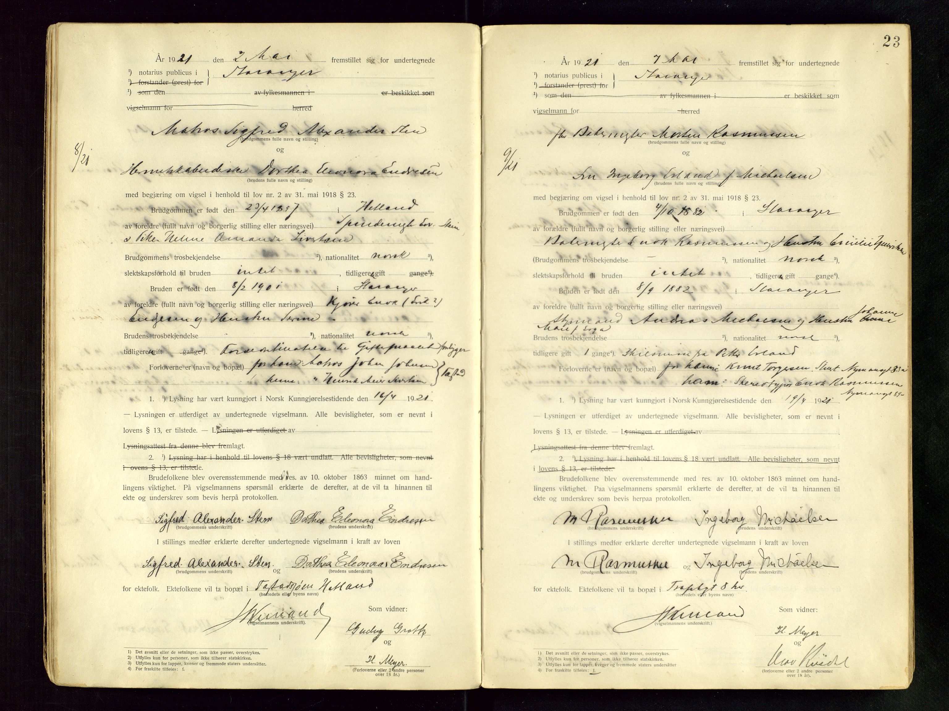 Stavanger byfogd, AV/SAST-A-101408/001/6/62/62BB/L0001: Vigselsprotokoll, 1920-1926, s. 23