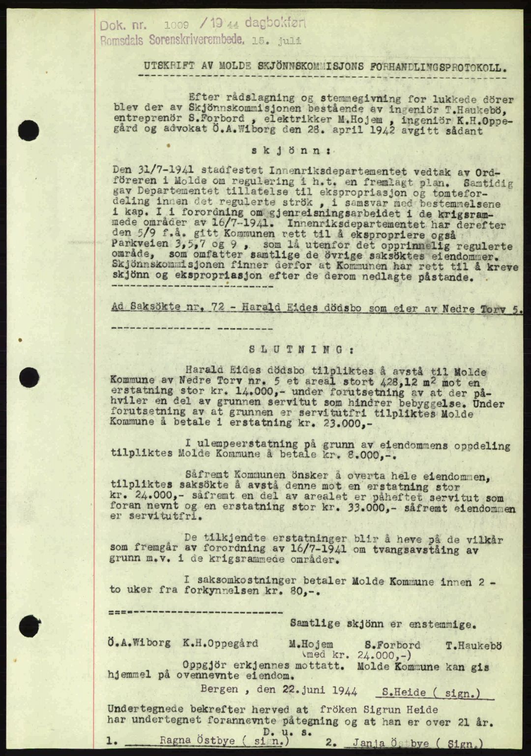 Romsdal sorenskriveri, SAT/A-4149/1/2/2C: Pantebok nr. A16, 1944-1944, Dagboknr: 1009/1944