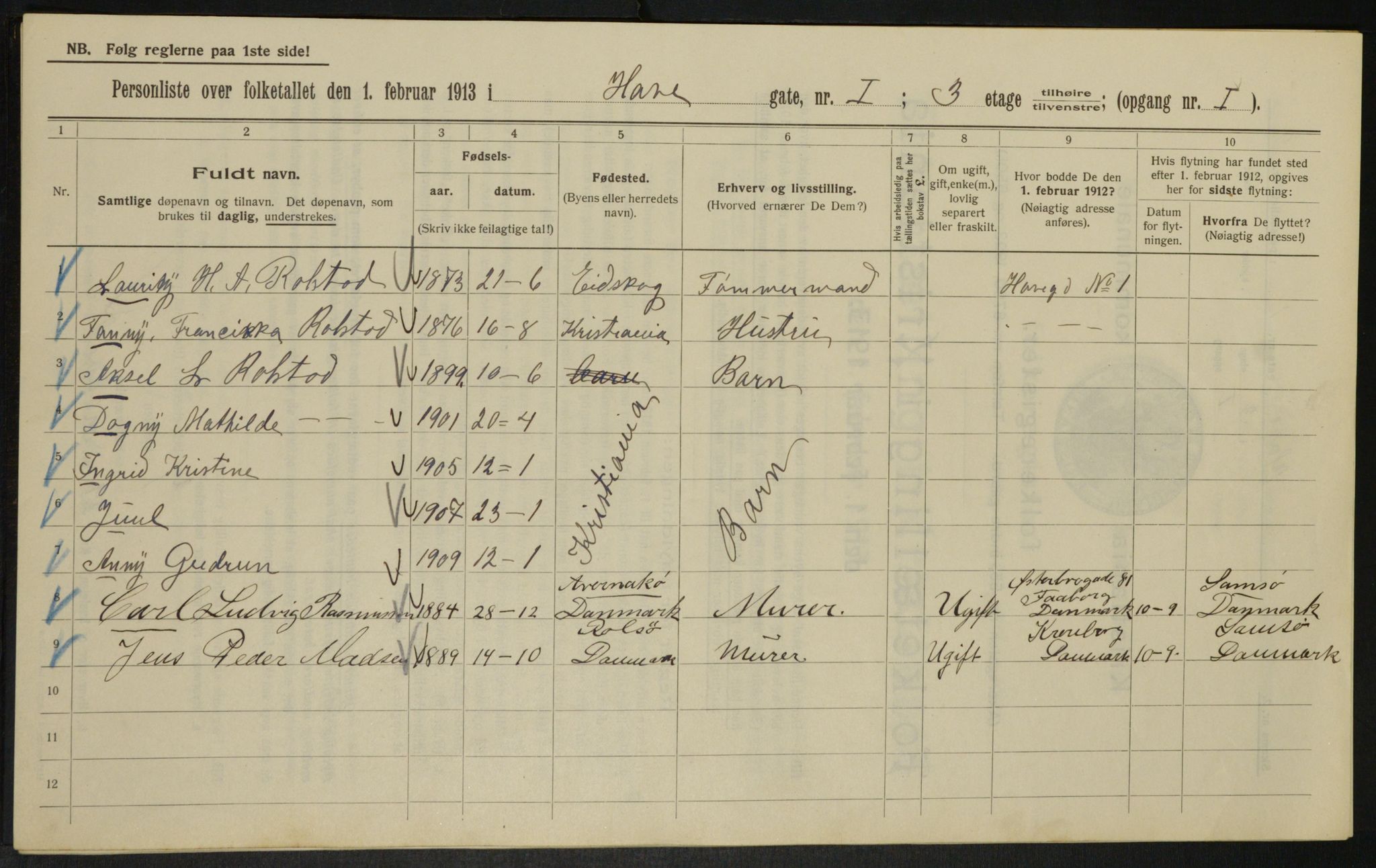 OBA, Kommunal folketelling 1.2.1913 for Kristiania, 1913, s. 33395