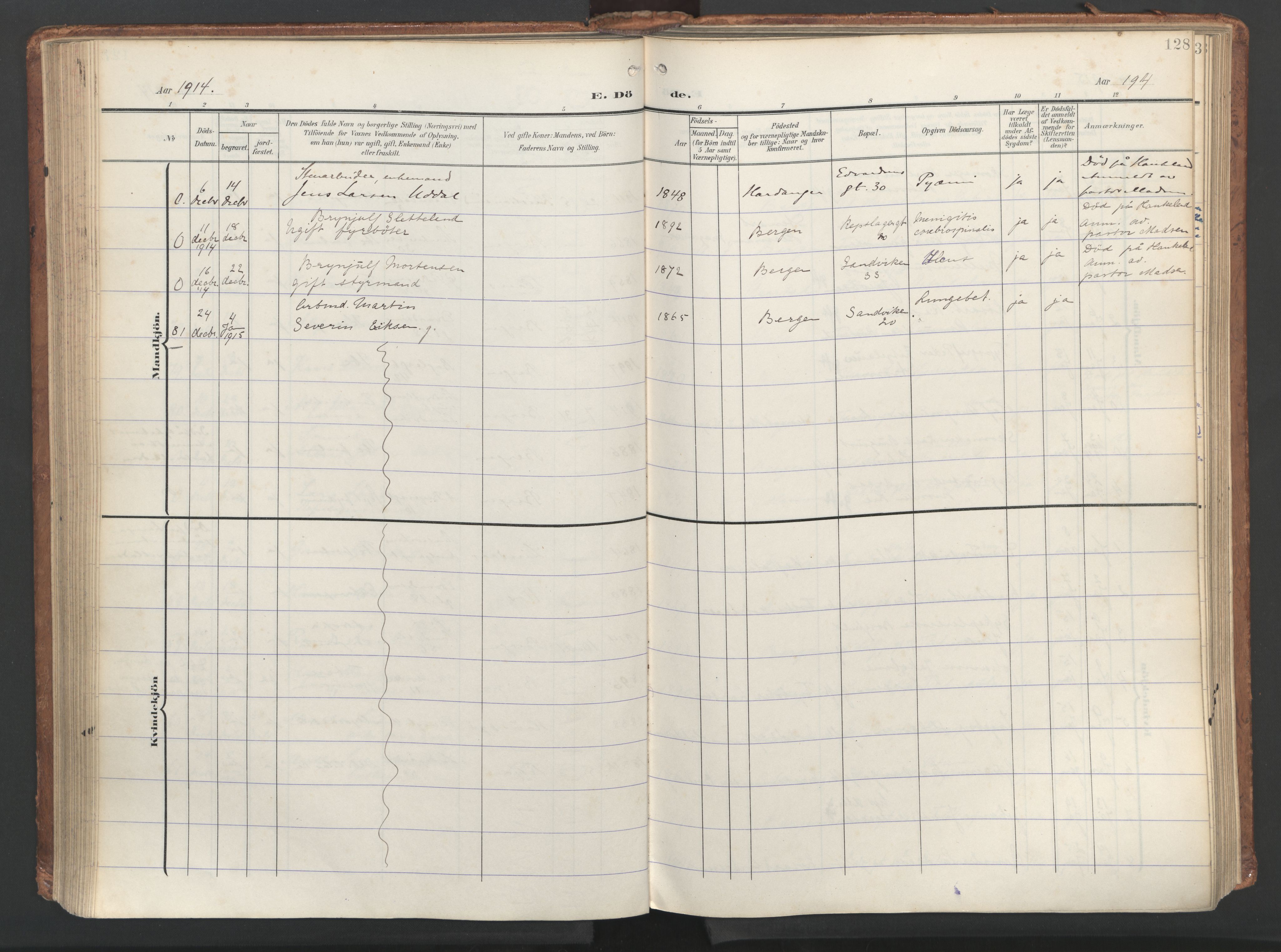 Sandviken Sokneprestembete, AV/SAB-A-77601/H/Ha/L0019: Ministerialbok nr. E 2, 1905-1933, s. 128