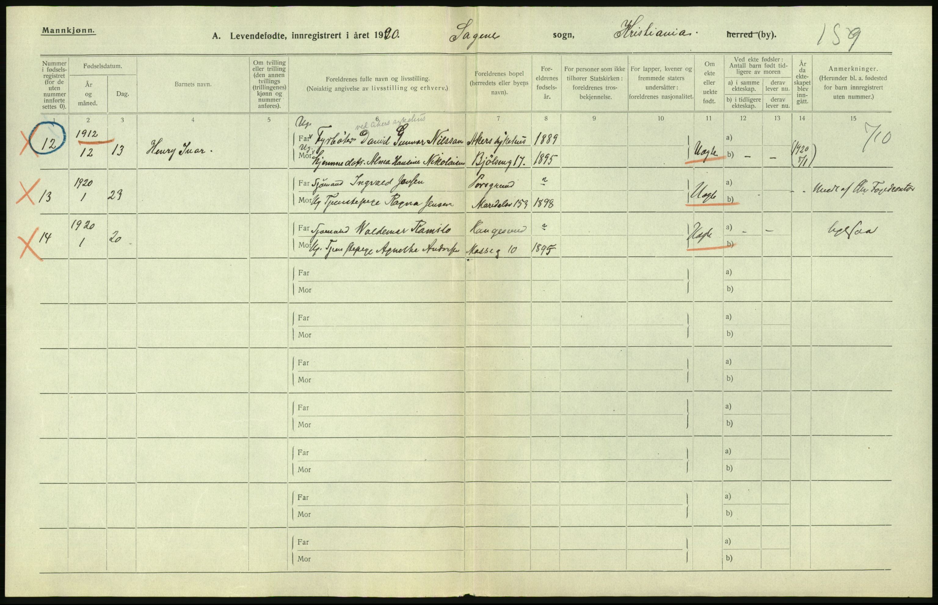 Statistisk sentralbyrå, Sosiodemografiske emner, Befolkning, RA/S-2228/D/Df/Dfb/Dfbj/L0010: Kristiania: Levendefødte menn og kvinner. Dødfødte., 1920