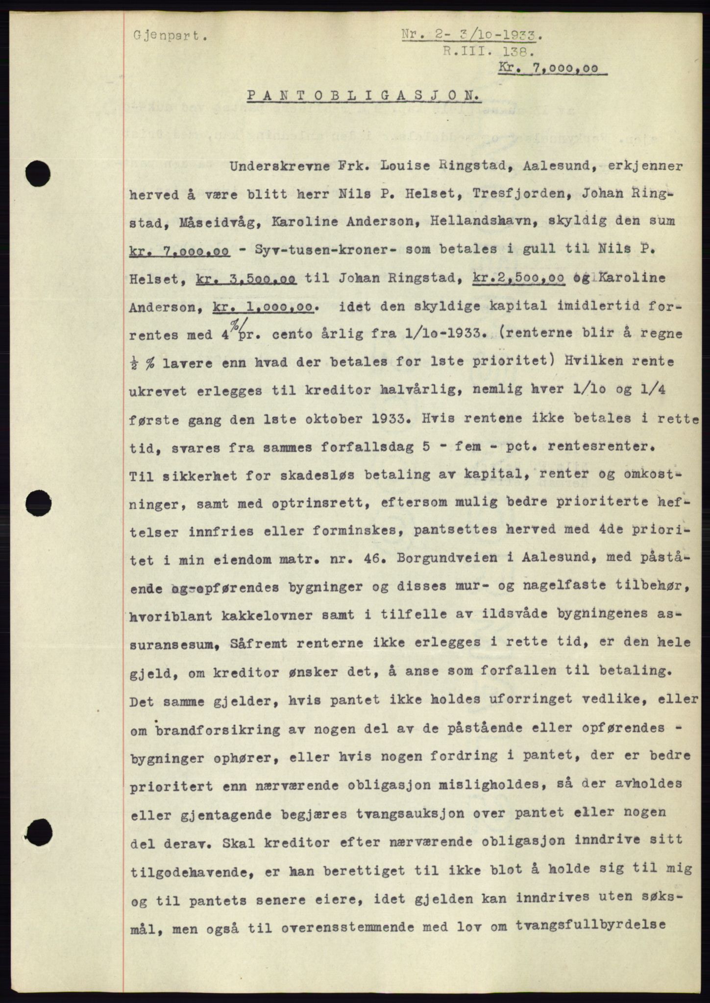 Ålesund byfogd, AV/SAT-A-4384: Pantebok nr. 31, 1933-1934, Tingl.dato: 03.10.1933