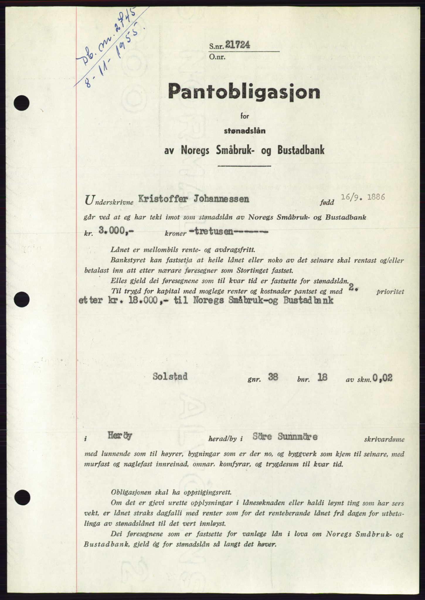 Søre Sunnmøre sorenskriveri, SAT/A-4122/1/2/2C/L0127: Pantebok nr. 15B, 1955-1955, Dagboknr: 2745/1955