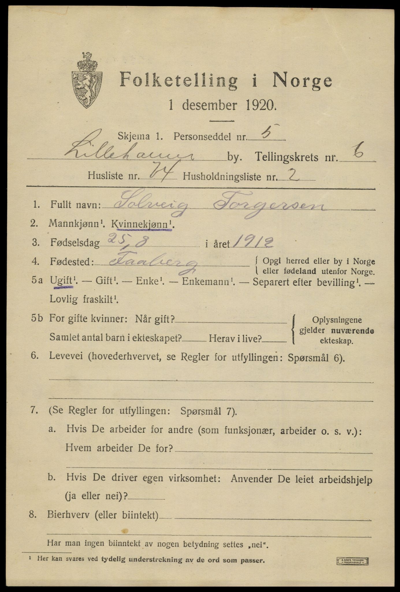 SAH, Folketelling 1920 for 0501 Lillehammer kjøpstad, 1920, s. 9404