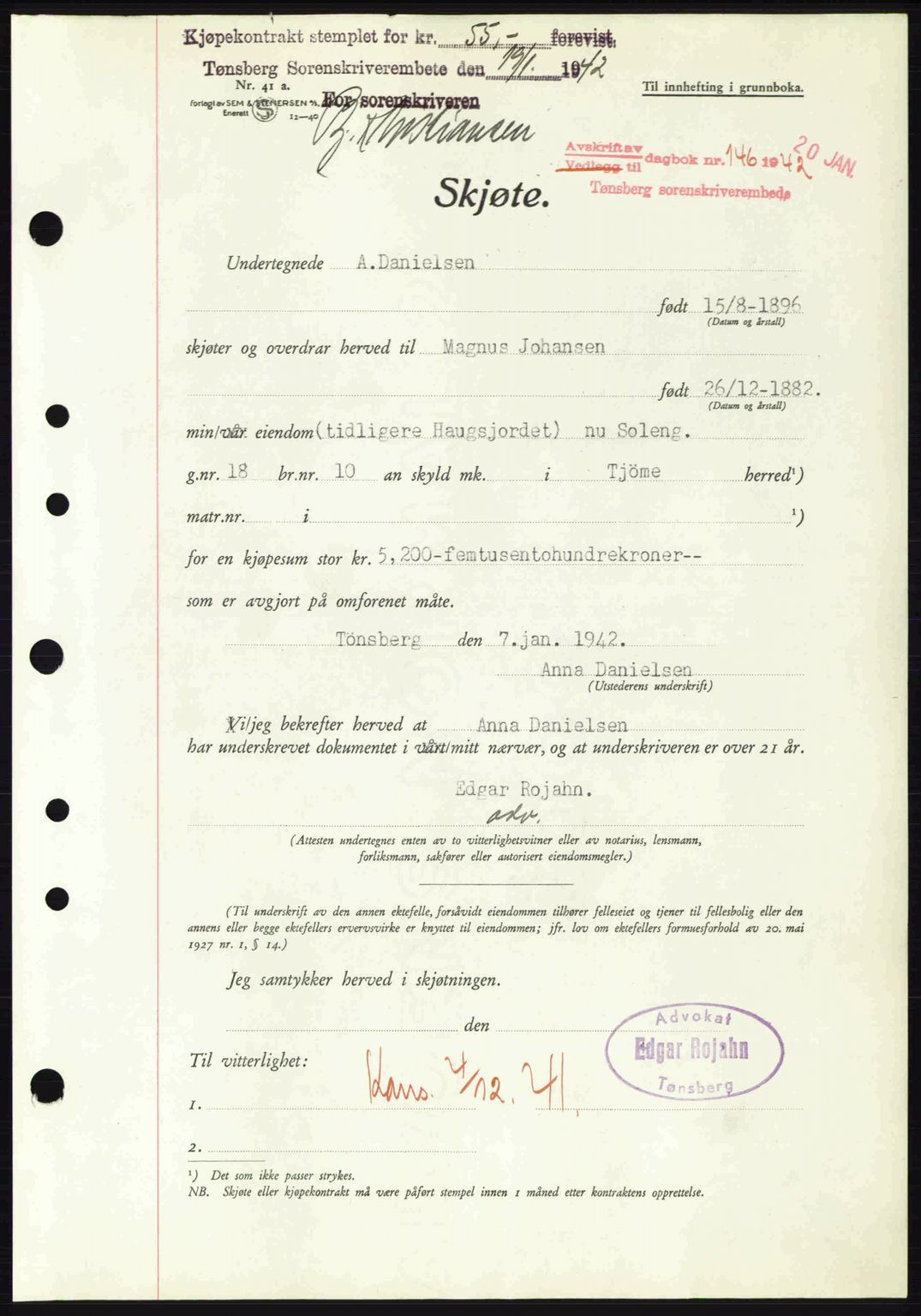 Tønsberg sorenskriveri, AV/SAKO-A-130/G/Ga/Gaa/L0011: Pantebok nr. A11, 1941-1942, Dagboknr: 146/1942