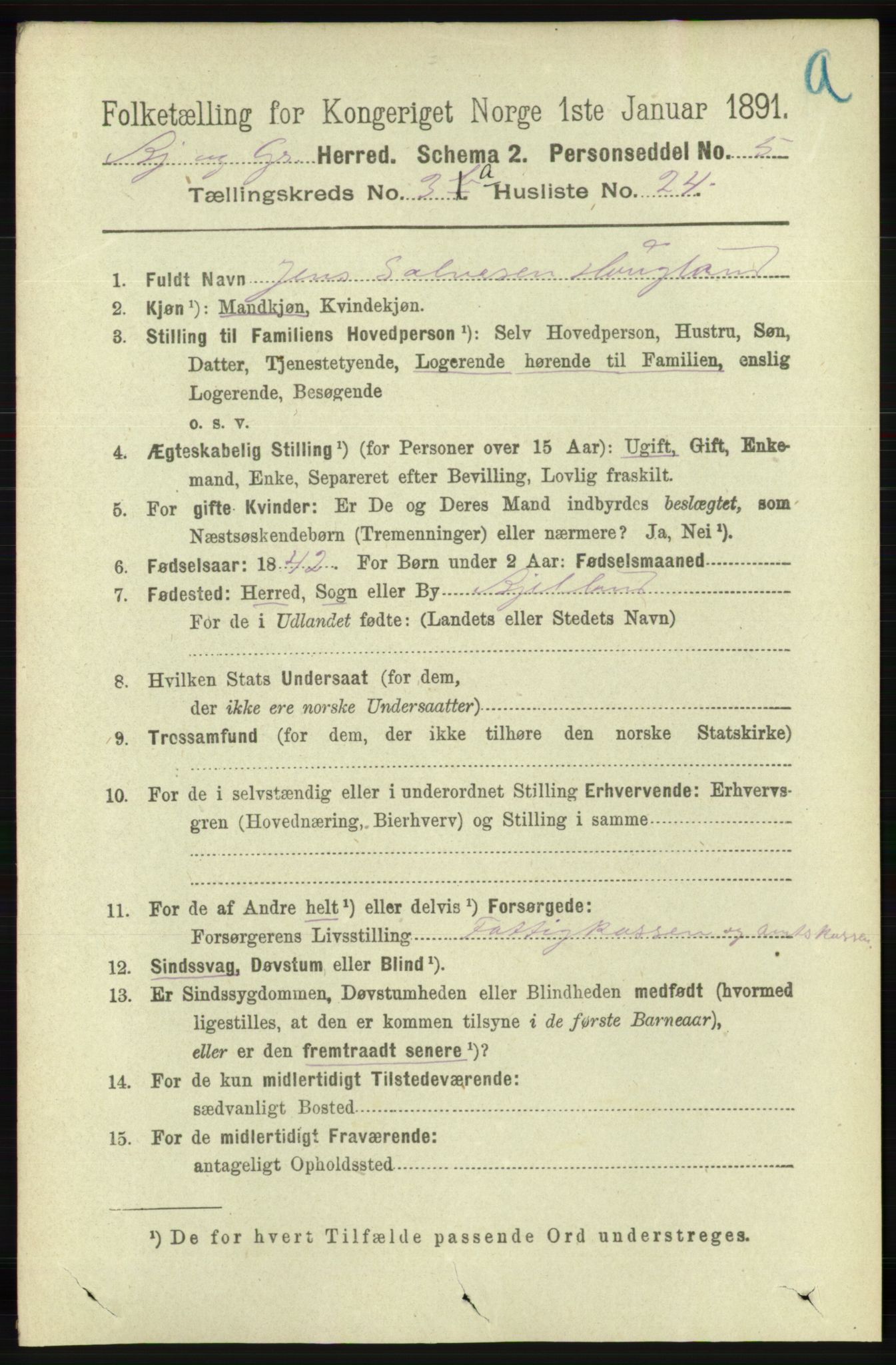 RA, Folketelling 1891 for 1024 Bjelland og Grindheim herred, 1891, s. 1588