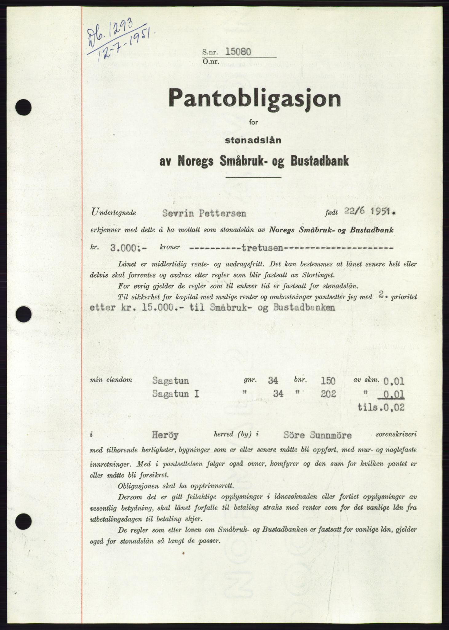 Søre Sunnmøre sorenskriveri, SAT/A-4122/1/2/2C/L0120: Pantebok nr. 8B, 1951-1951, Dagboknr: 1293/1951